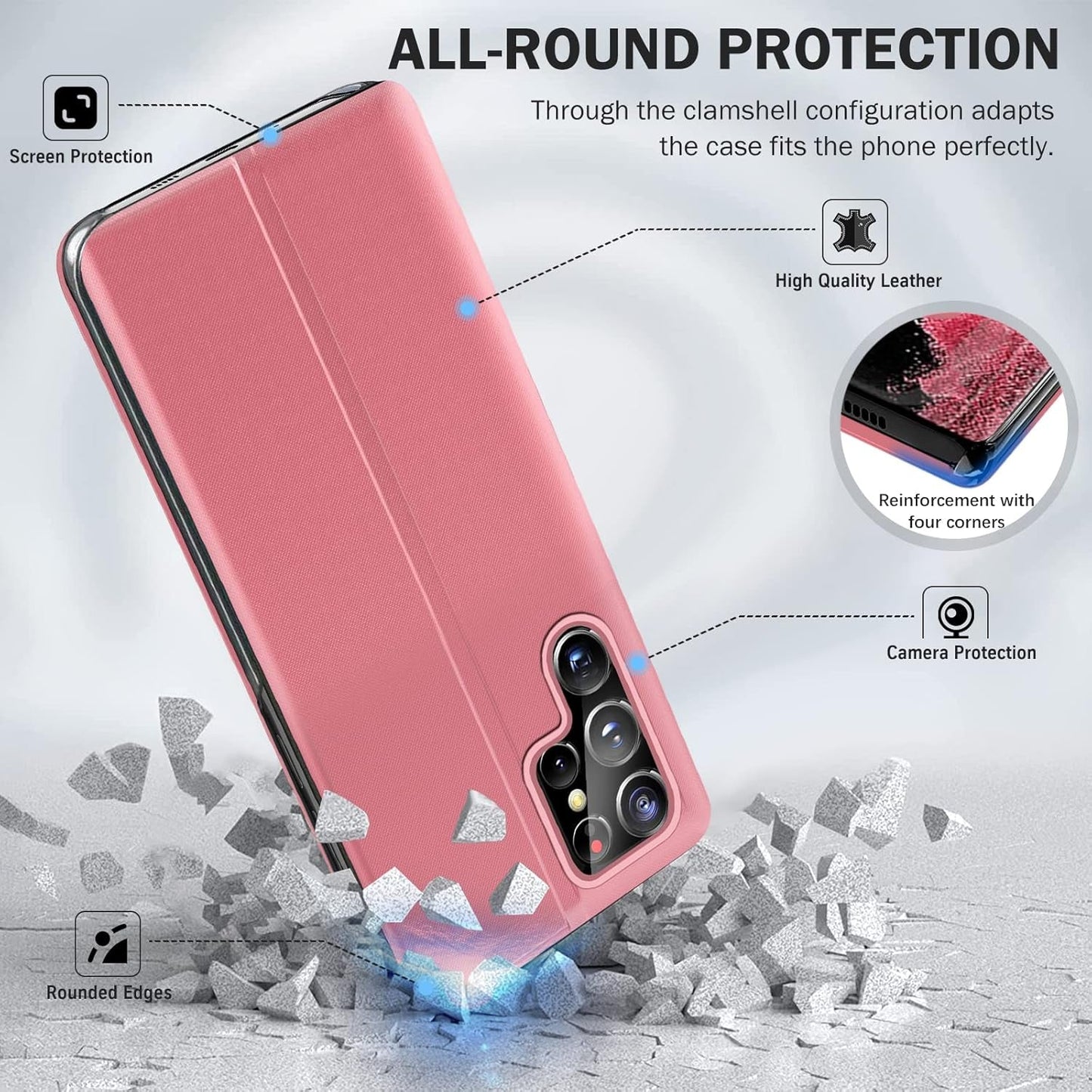For Samsung Galaxy S22 Ultra 5G Case View Clear Window Leather for Samsung S22 Ultra Case Slim Mirror Hard PC Kickstand Luxury Flip Shockproof Galaxy S22 Ultra Cover Protective (Pink)