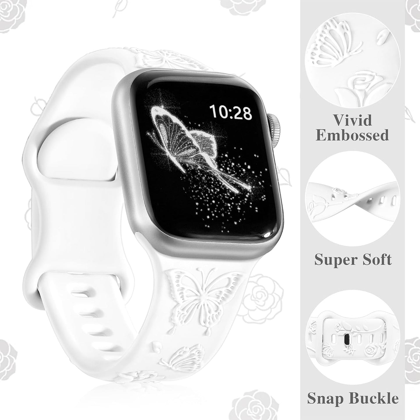 Floral Butterfly Engraved Band Compatible with Apple Watch Bands for Women 40Mm 41Mm 38Mm, Soft Silicone Sport Iwatch Bands for Apple Watch Series 9 Band SE Series 8 7 6 5 4 3 2 1-White