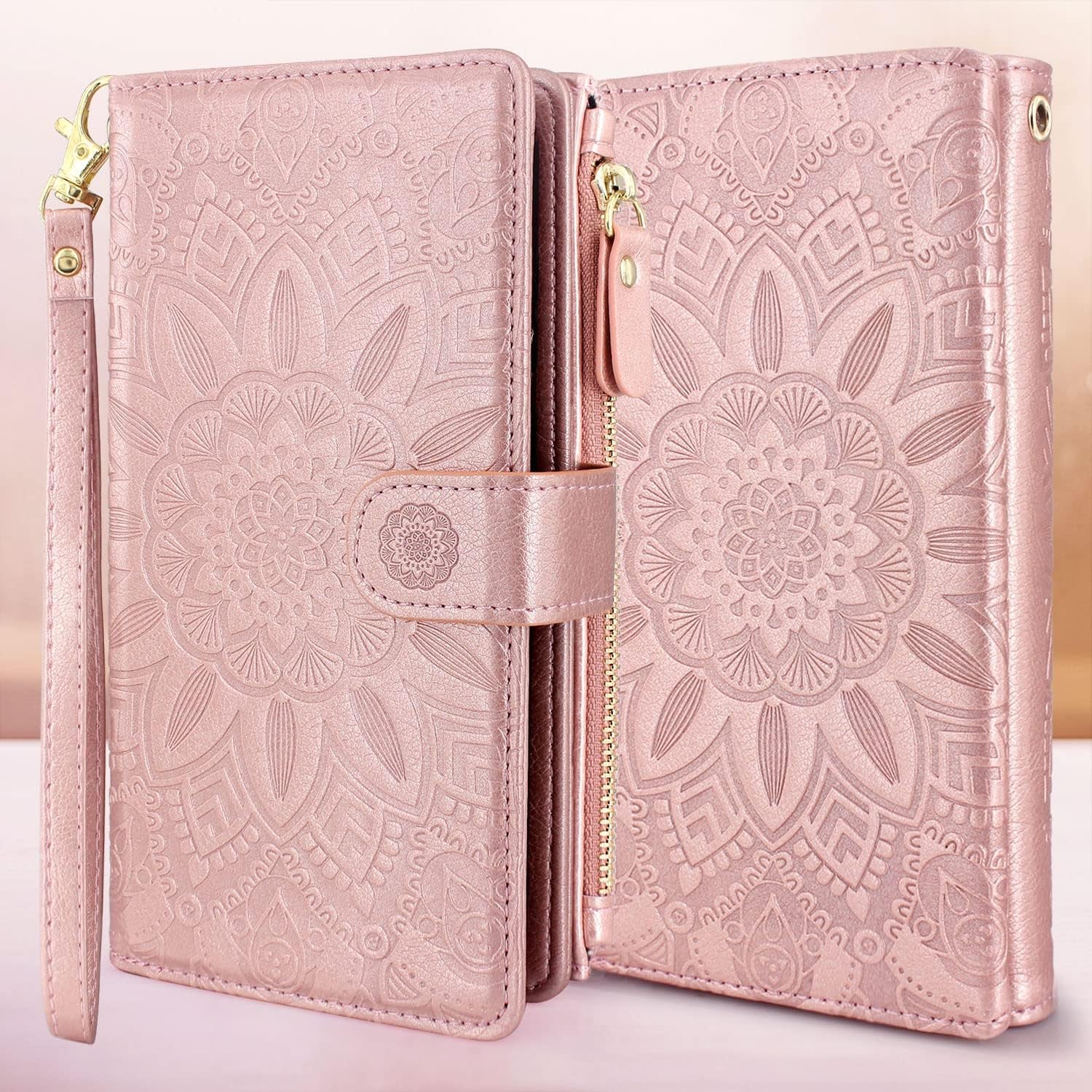 Harryshell Detachable Magnetic Zipper Wallet Leather Case with Cash Coin Pocket 12 Card Slots Holder Wrist Strap Lanyard for Samsung Galaxy S22+ S22 plus 5G 6.6 Inch (2022) Flower (Rose Gold)