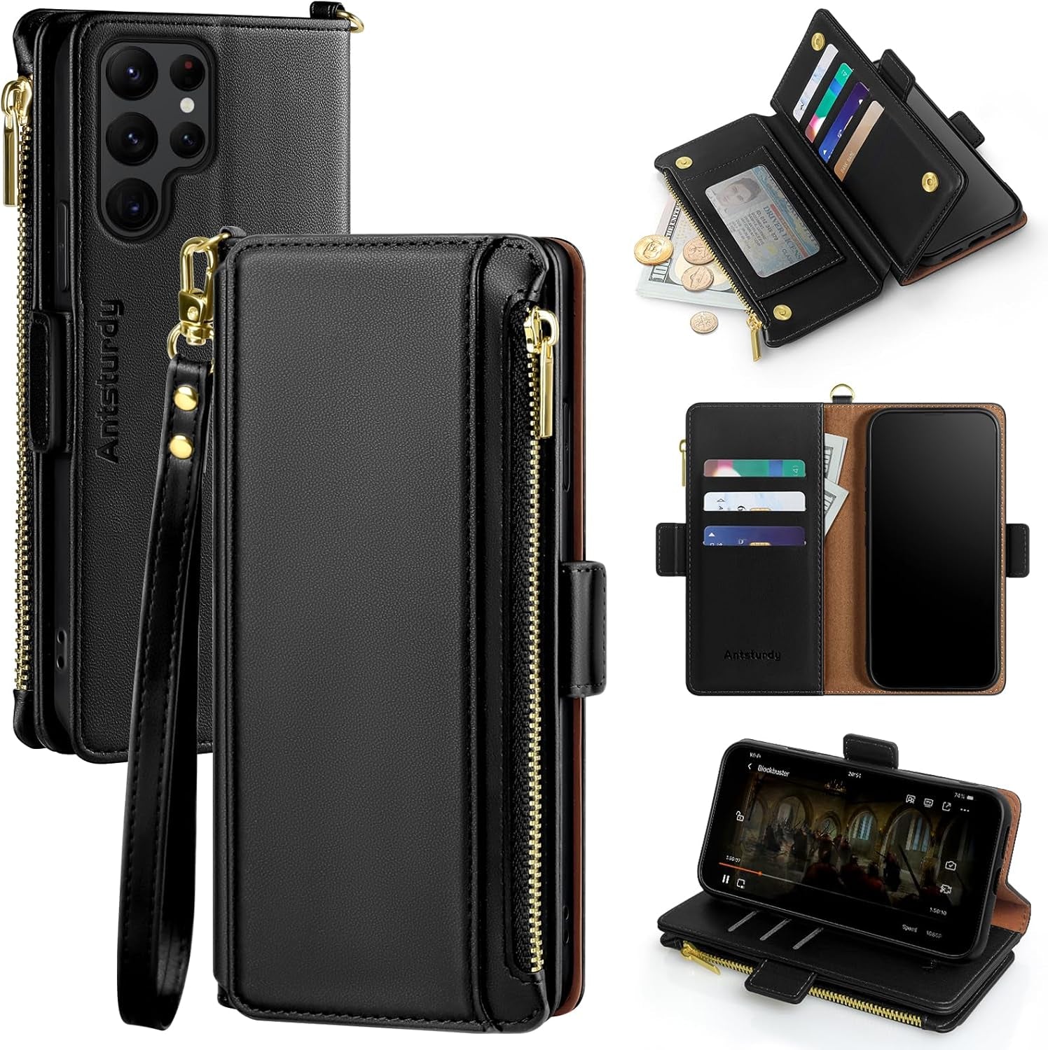 Antsturdy Samsung Galaxy S22 Ultra Wallet with Card Holder for Women Men,Galaxy S22 Ultra 5G Phone Case RFID Blocking PU Leather Flip Shockproof Cover with Strap Zipper Credit Card Slots,Dark Blue