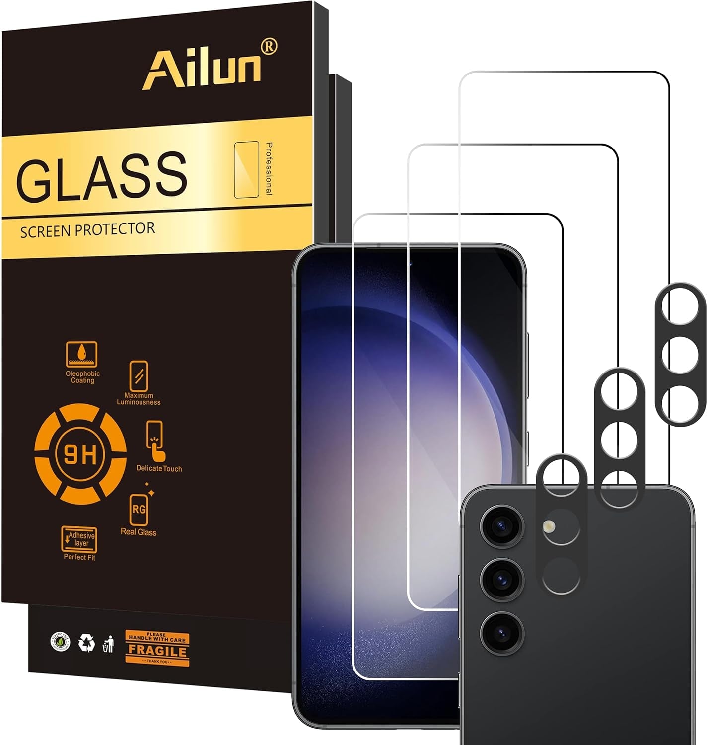 Ailun Glass Screen Protector for Galaxy S24 3 Pack + 3 Pack Camera Lens Tempered Glass Fingerprint Unlock Compatible 0.25Mm Anti-Scratch Case Friendly Clear - HD