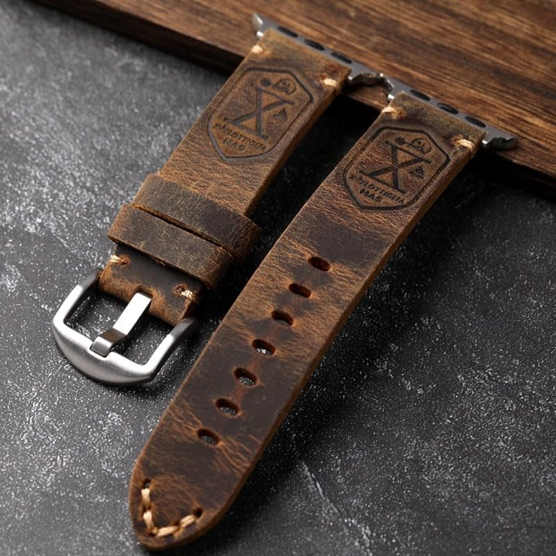 Band Compatible with Apple Watch Ultra 2/1 49Mm 45Mm 44Mm 42Mm 41Mm 40Mm 38Mm Series 9/8/SE/7/6/5/4/3/2, Vintage Leather Iwatch Strap for Men Women