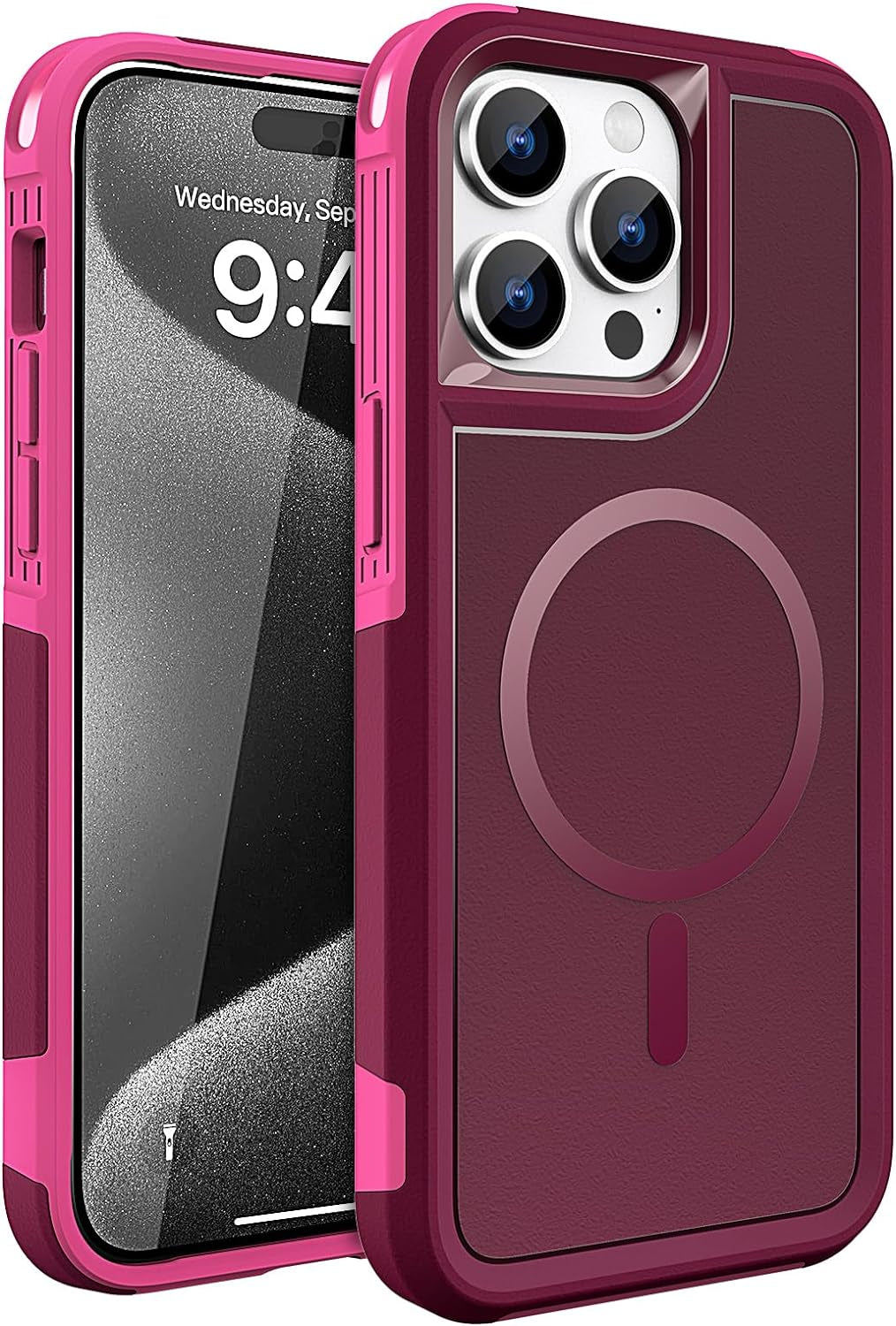 MAXCURY Magnetic for Iphone 15 Pro Max Phone Case, 2 in 1 Shockproof Dropproof Heavy Duty Protection Full Body Rugged Slim & Tough Durable Cover [Compatible with Magsafe] (Rose/Crimson)  MAXCURY Wine/Crimson  
