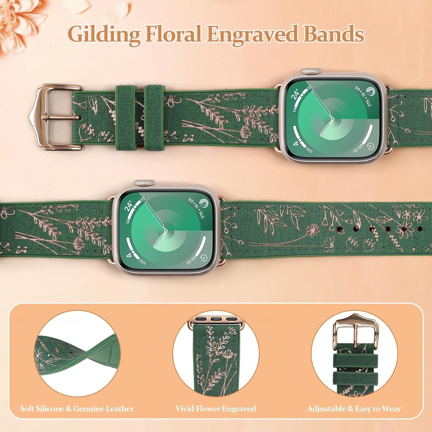 Bling Floral Bands for Apple Watch Band 40Mm 41Mm 44Mm 45Mm 38Mm 42Mm Ultra/2 49Mm Women,Eco-Leather Silicone Hybrid,Glitter Flower Sparkly Pattern Elegant Strap for Iwatch Series 9 8 7 6 5 4 3 2 SE