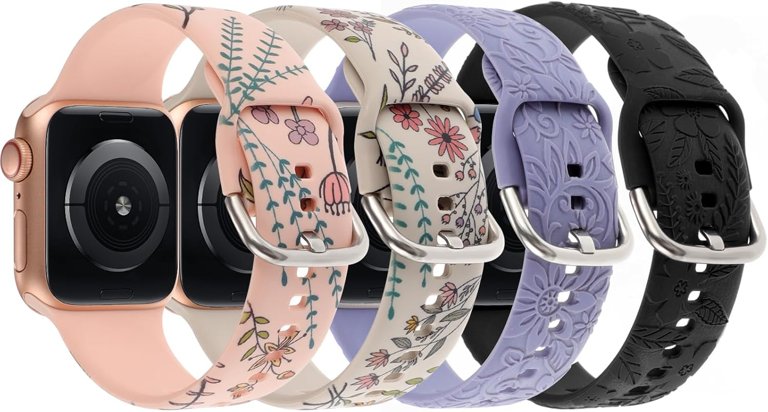 Flower Engraved Print Bands Compatible with Apple Watch Band 40Mm 41Mm 38Mm 42Mm 44Mm 45Mm 49Mm Women, Fancy Soft Silicone Sport Strap for Iwatch Series 9 Ultra 2 SE Ultra 8 7 6 5 4 3 2 1