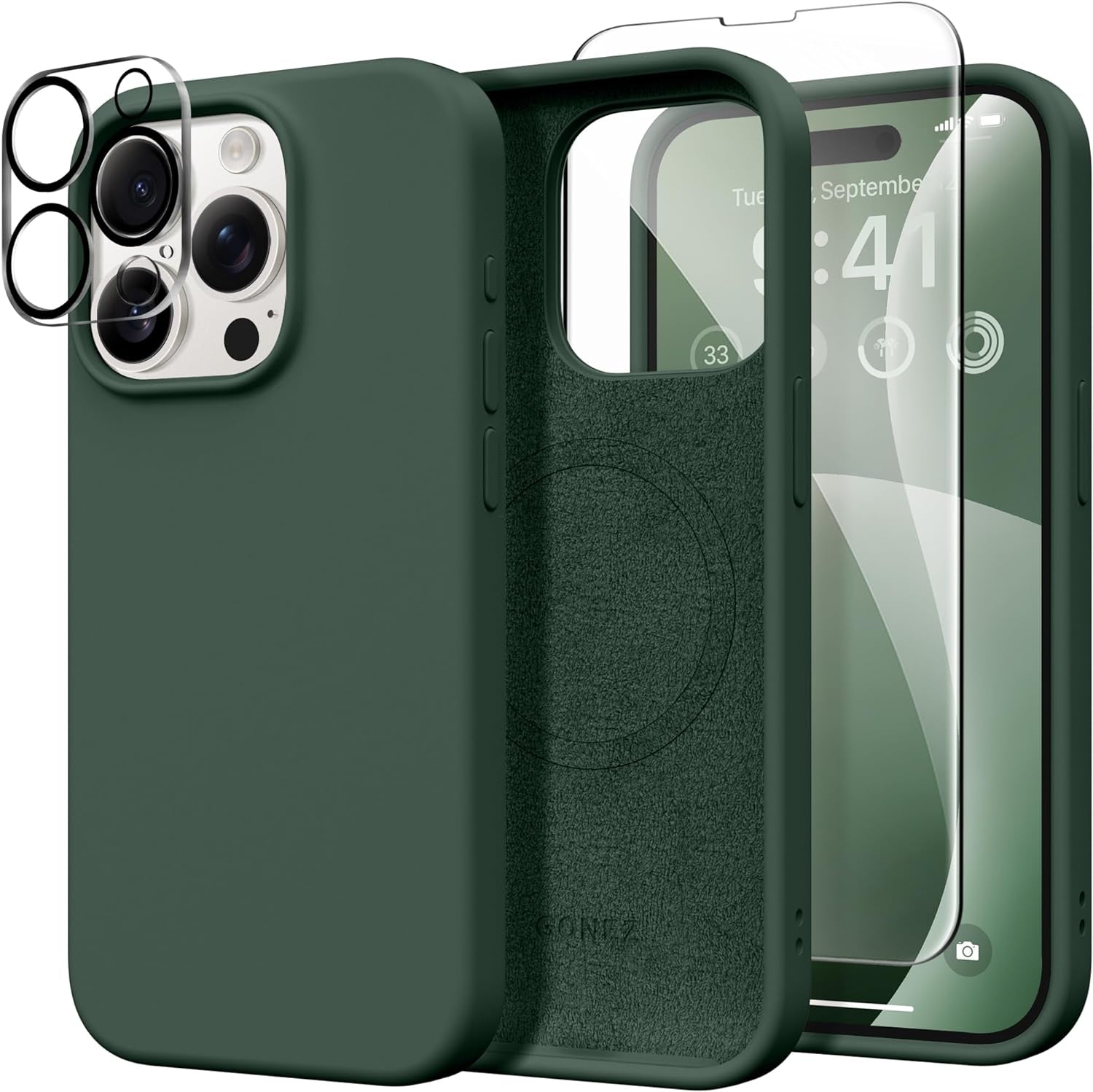GONEZ for Iphone 15 Pro Case Compatible with Magsafe, [2X Screen Protector + 2X Camera Lens Protector], Soft Silicone Shockproof Anti-Scratch Full Body Protective Phone Case 6.1" 2023, Dark Grey  GONEZ Dark Green  