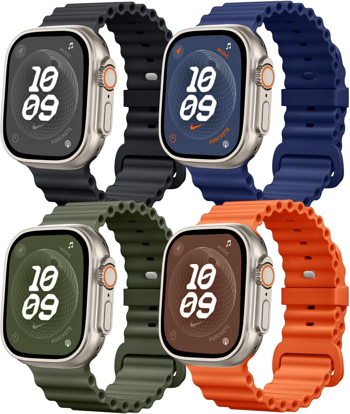 4 Pack Ocean Bands Compatible with Apple Watch Ultra Band 49Mm 45Mm 44Mm 42Mm Men Women, Soft Silicone Straps Sport Rugged Smartwatch Replacement for Iwatch Ultra Ultra 2 Series 9 8 7 6 5 4 3 2 1 SE