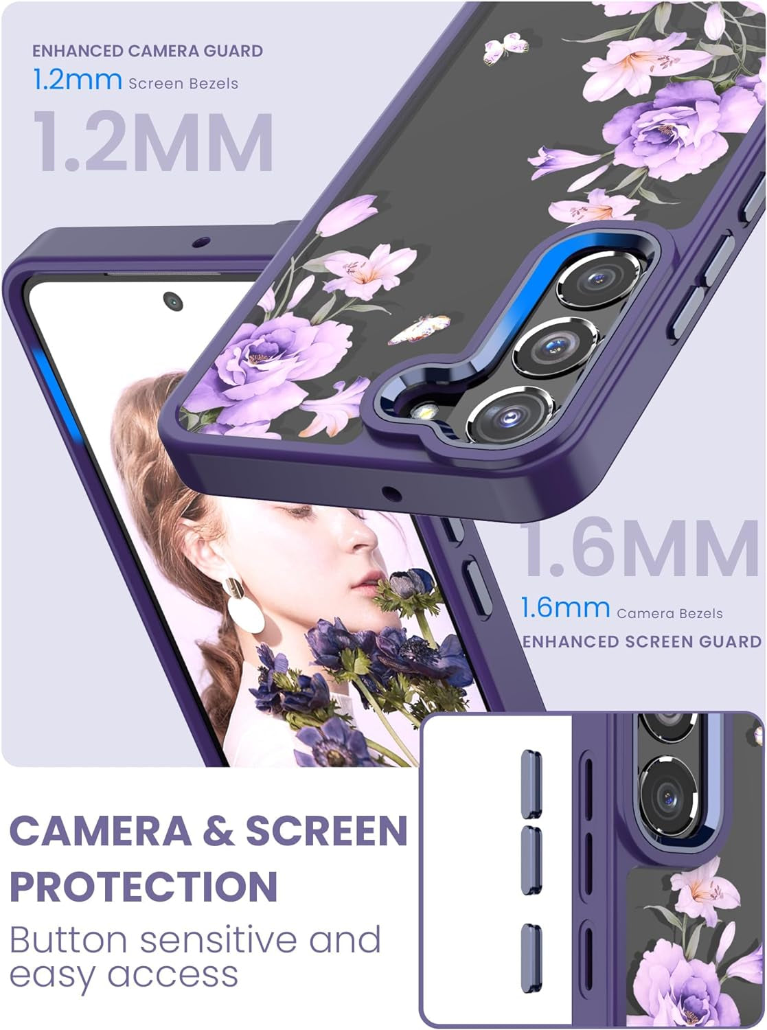 Dretal for Samsung Galaxy S22 5G Case Floral, Military Grade Drop Tested Hard Back & Soft Edge Slim Flower Women Girls Phone Protective Cover + Tempered Glass Screen Protector (Deep Purple)