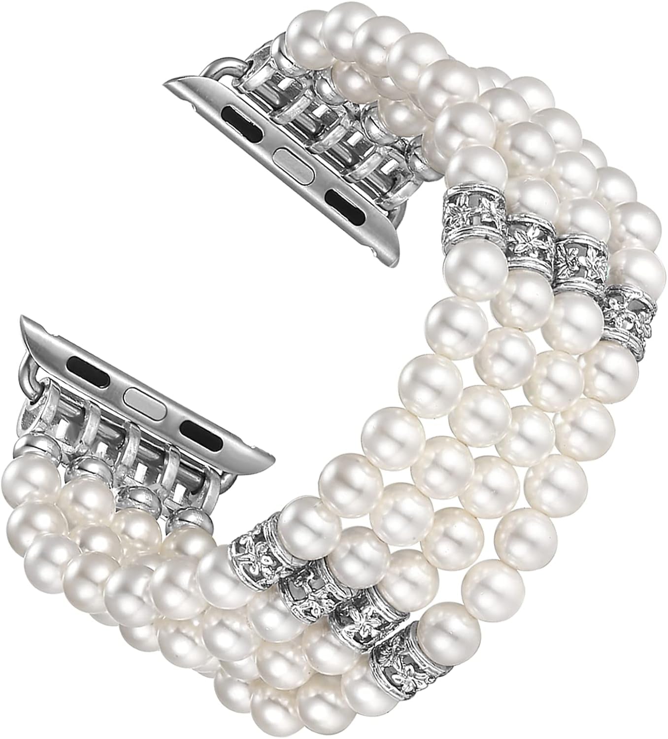 Fastgo Compatible with Pearl Apple Watch Bands 44Mm 42Mm 45Mm 49Mm Women, Elastic Beaded Bracelet Replacement Bands White for Iwatch SE & Series 9 Ultra 8 7 6 5 4 3 2 1 (White-42/44/45/49Mm)