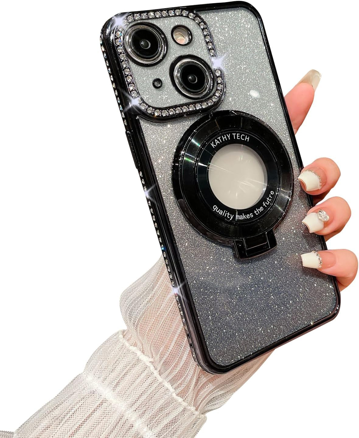 Fycyko Magnetic Case for Iphone 14 Pro with Holder Stand,Rhinestone Glitter Plated Bling Luxury Phone Case（Compatible with Magsafe） Shockproof Kickstand Design for Iphone 14 Pro-Purple  Fycyko Black Iphone 14 Plus 