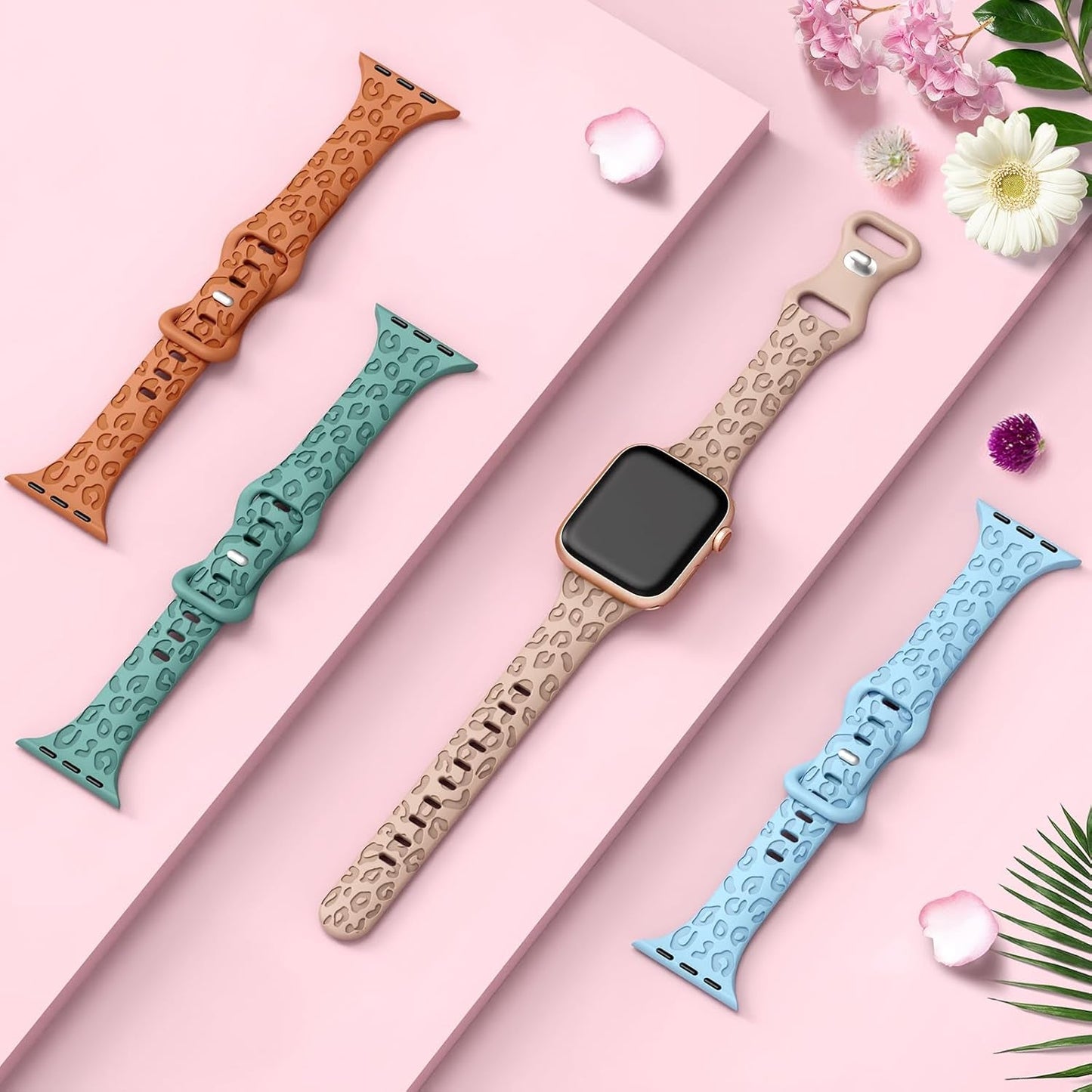 4-Pack Leopard Engraved Band Compatible with Apple Watch Bands 38Mm 40Mm 41Mm 44Mm 45Mm 42Mm Women, Thin Slim Sport Wristbands for Iwatch Ultra/Ultra 2 Series 9 8 7 6 5 4 3 2 1 SE
