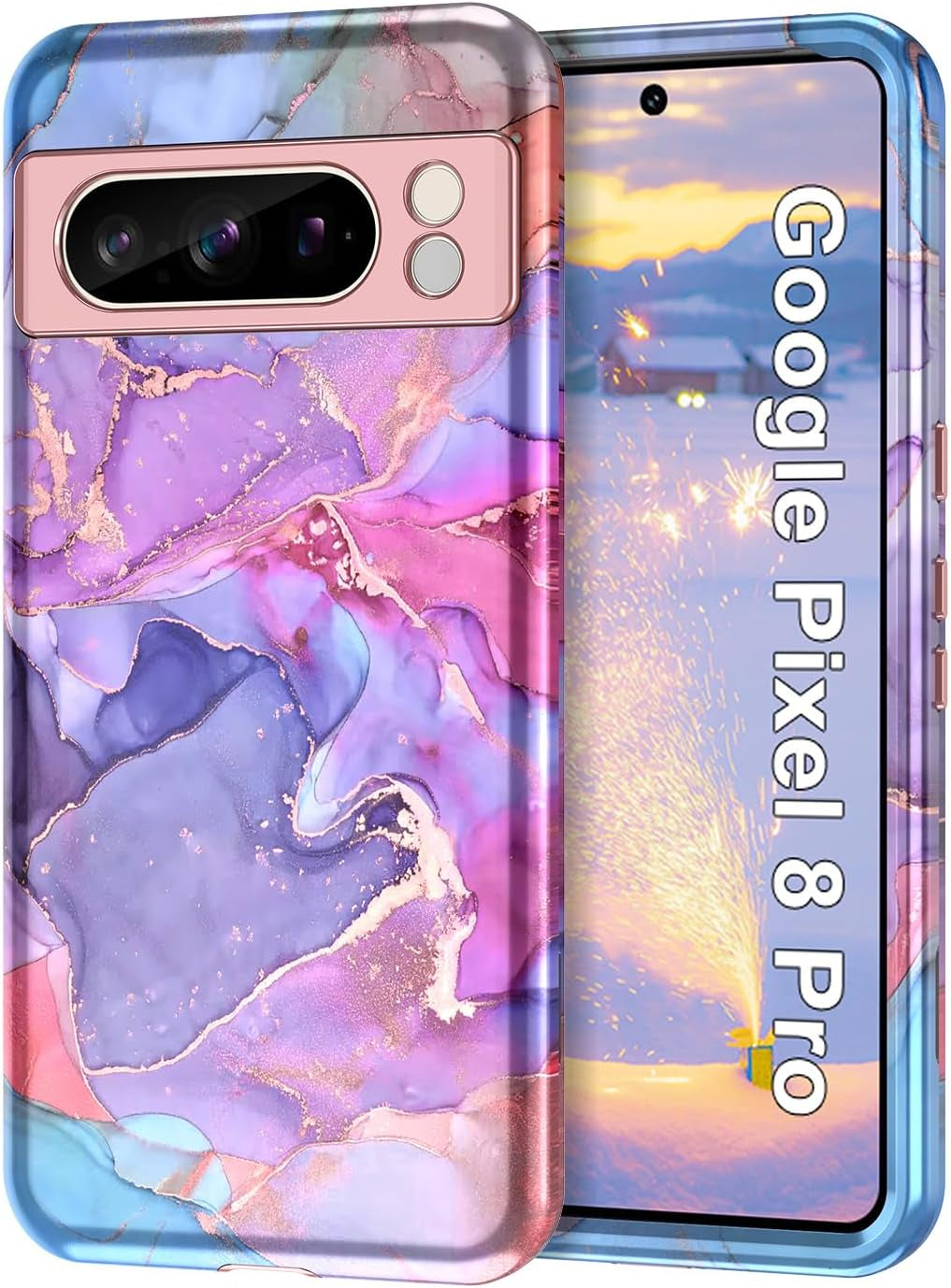 Btscase for Google Pixel 8 Pro Case (2023), Marble Pattern 3 in 1 Heavy Duty Shockproof Full Body Rugged Hard Pc+Soft Silicone Drop Protective Women Girl Cover for Google Pixel 8 Pro, Blue Pink  Btscase B-Pink  