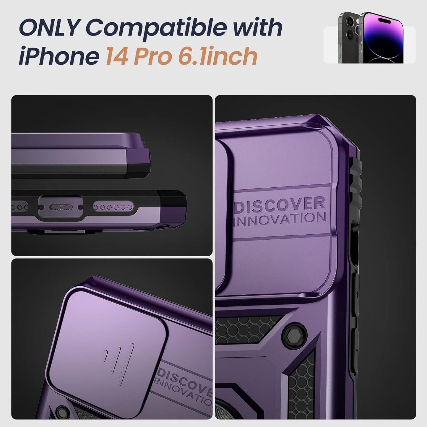 Goton for Iphone 14 Pro Case with Screen Protector - Slide Camera Cover Phone Case with Ring Stand, Heavy Duty Military Grade Shockproof Rugged Bumper for Iphone 14 Pro Accessories Dark Purple  Yin-Goton   