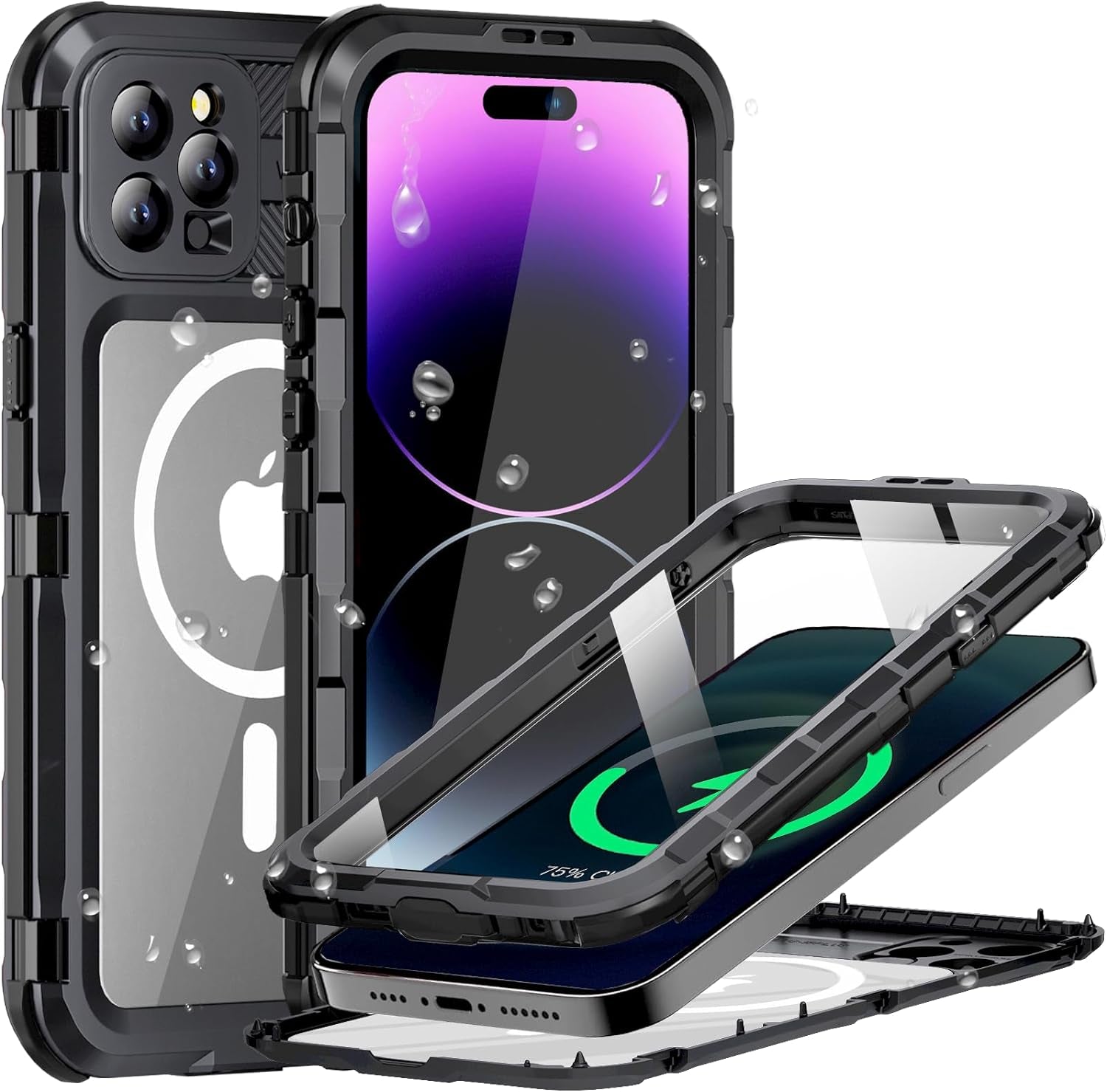 Evcing for Iphone 15 Pro Max Waterproof Case, [IP68 Underwater][Military Dropproof, Shockproof][Compatible with Magsafe][Full Body Metal], Heavy Duty Phone Cover for Iphone 15 Promax, 6.7 Inch (Black)  EVCING Black Iphone 15 Pro 