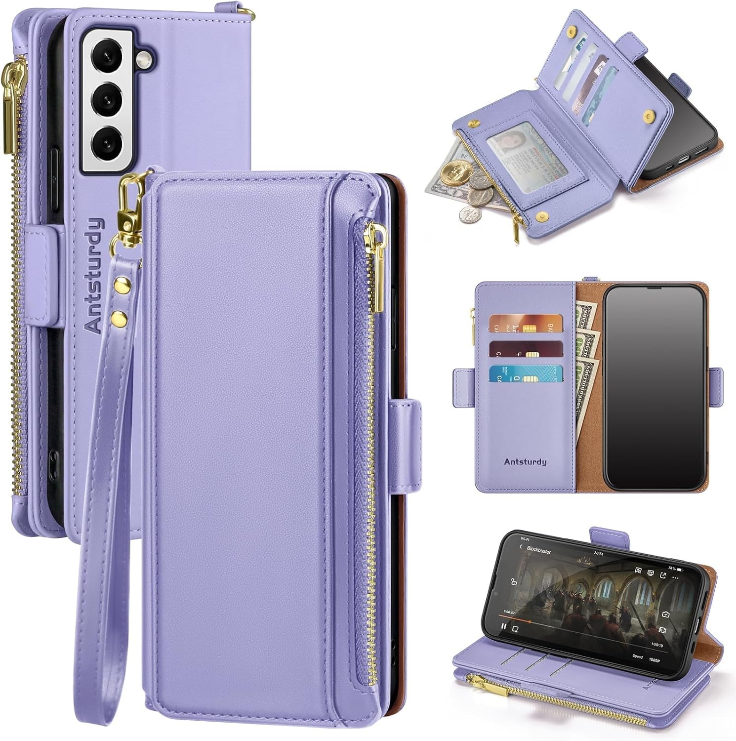 Antsturdy Samsung Galaxy S22+/S22 plus Case Wallet with Card Holder for Women Men,Galaxy S22+/S22 plus Phone Case RFID Blocking PU Leather Flip Cover with Strap Zipper Credit Card Slots,Light Purple