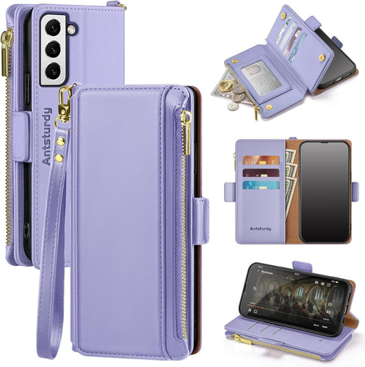 Antsturdy Samsung Galaxy S22+/S22 plus Case Wallet with Card Holder for Women Men,Galaxy S22+/S22 plus Phone Case RFID Blocking PU Leather Flip Cover with Strap Zipper Credit Card Slots,Light Purple