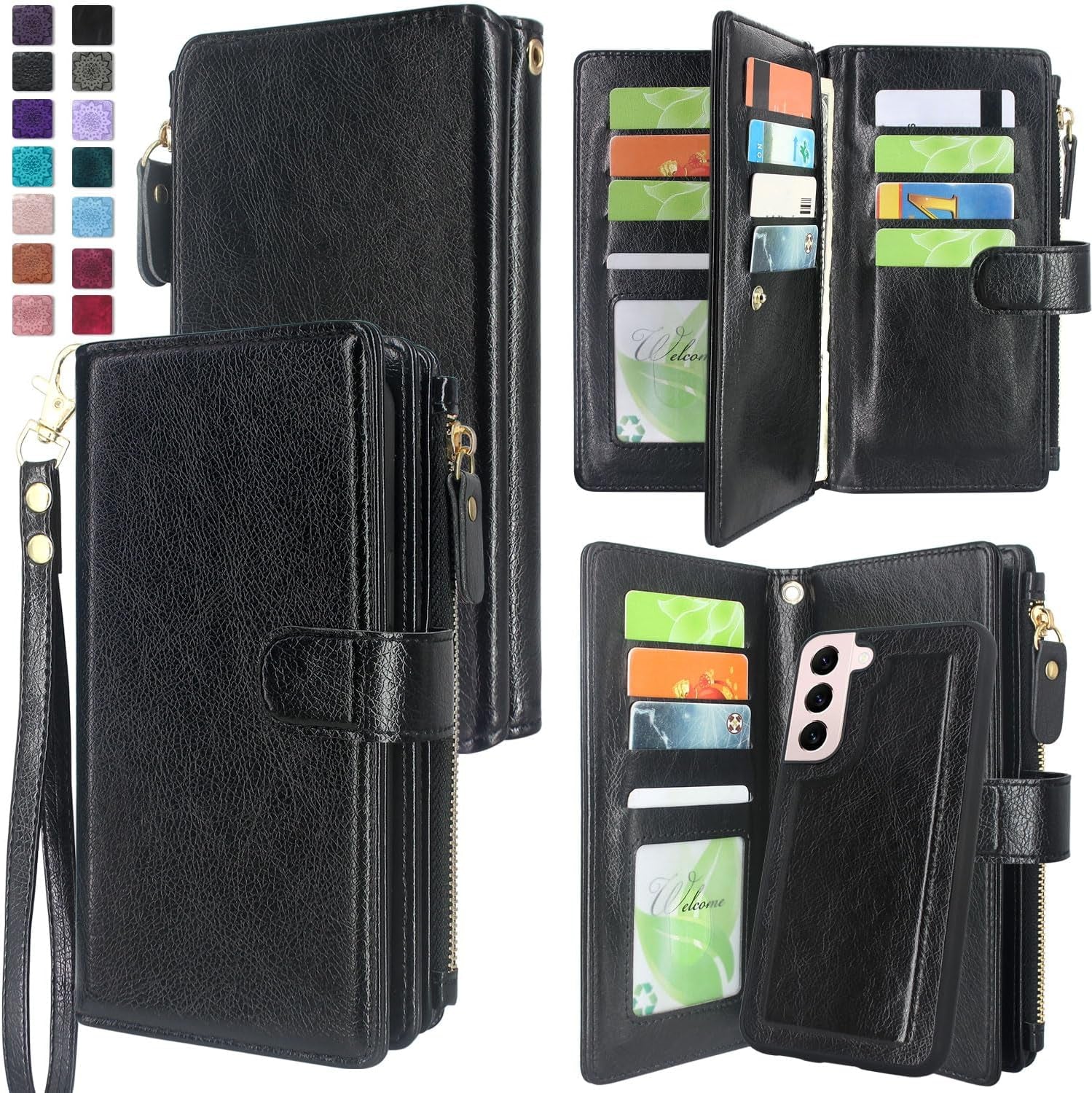 Harryshell Detachable Magnetic Zipper Wallet Leather Case with Cash Coin Pocket 12 Card Slots Holder Wrist Strap Lanyard for Samsung Galaxy S22+ S22 plus 5G 6.6 Inch (2022) Flower (Rose Gold)