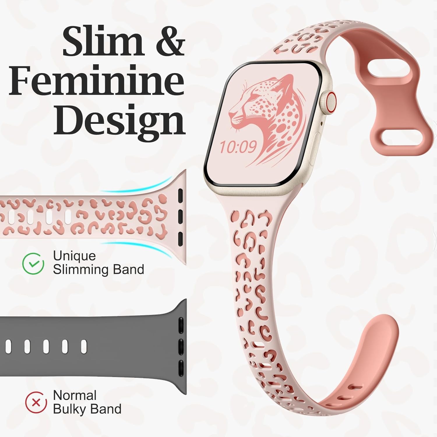 Daqin Slim Leopard Engraved Band Compatible with Apple Watch Bands 40Mm 38Mm 41Mm 44Mm 45Mm 42Mm Women, Soft Silicone Feminie Cheetah Thin Sport Wristbands for Iwatch Bands Series 9 8 7 6 5 4 3 2 1 SE