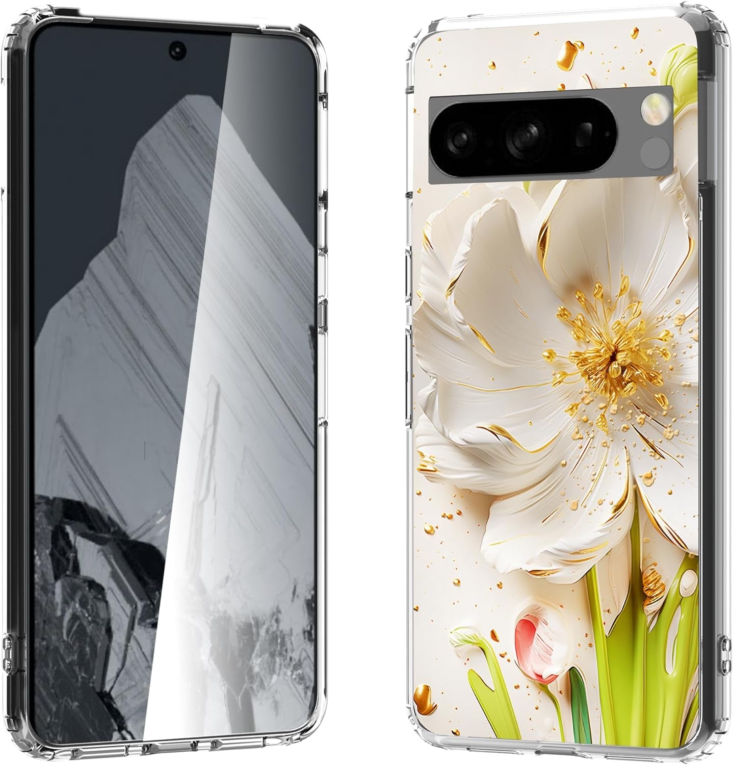For Google Pixel 8 Clear Case with 3D Flower Printing Design, TPU+PC Slim Shock-Proof Protective Floral Cover for Women Girls, 6.2“ (Pic 5)  YIKECASE A-10 Google Pixel 8 Pro 