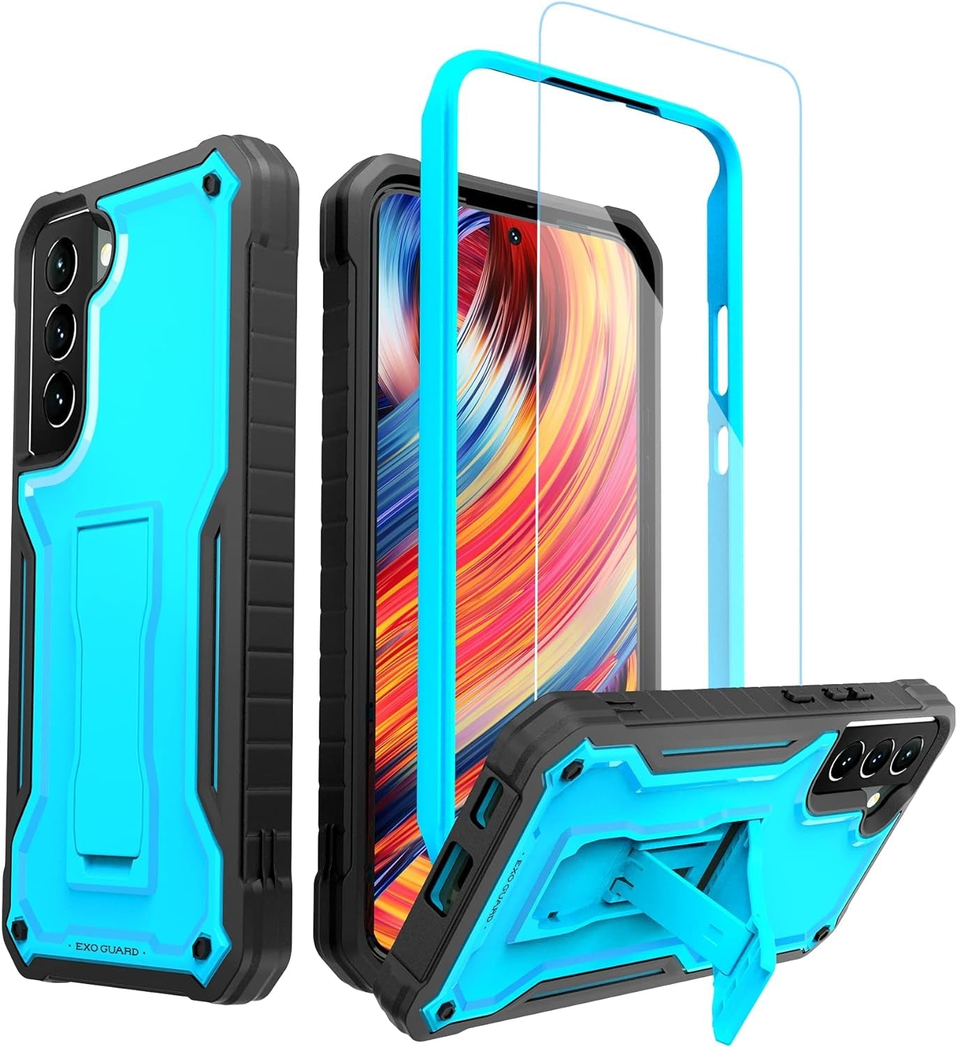 Exoguard for Samsung Galaxy S22 plus Case, Rubber Shockproof Heavy Duty Case with Screen Protector for Samsung S22 plus Phone, Built-In Kickstand (Pink)