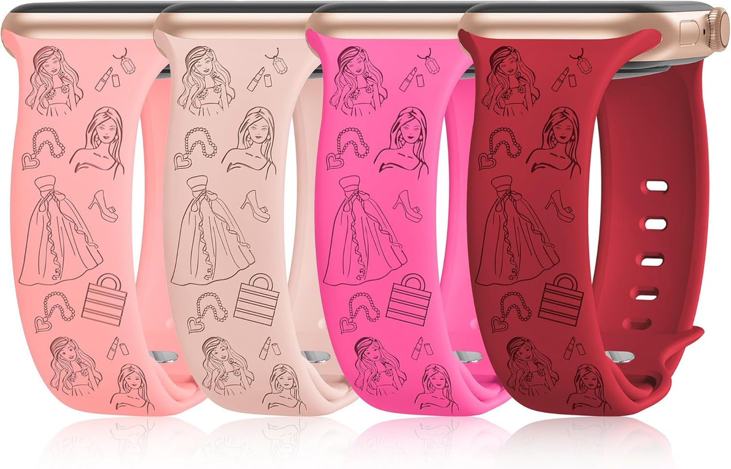 4 Pack Cartoon Engraved Bands Compatible with Apple Watch Band 40Mm 41Mm 38Mm 42Mm 44Mm 45Mm 49Mm Women,Soft Silicone Cute Designer Strap for Iwatch Bands Series SE 8 6 5 4 3 2 1 Ultra