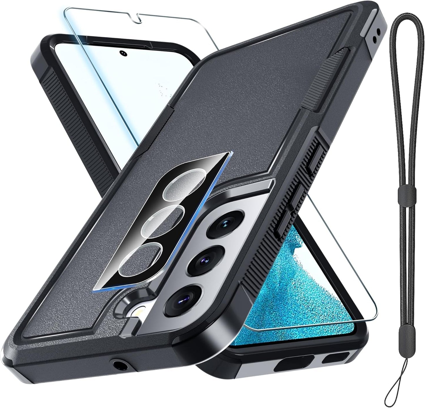 For Samsung Galaxy S22 Case, Full Body Heavy Duty Rugged Shockproof Protective Phone Cover with Lanyard Strap, Tempered Glass Screen Protector and Camera Lens Cover, Mint Green