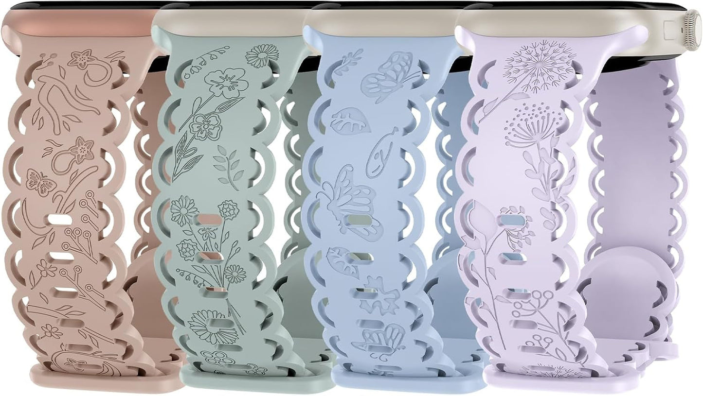 4 Pack Floral Engraved Silicone Bands Compatible with Apple Watch Band 38Mm 40Mm 41Mm 42Mm 44Mm 45Mm 49Mm Women, Soft Lace Cute Strap Flower Wristbands for Iwatch Series 9 8 7 6 5 4 3 2 1 SE Ultra