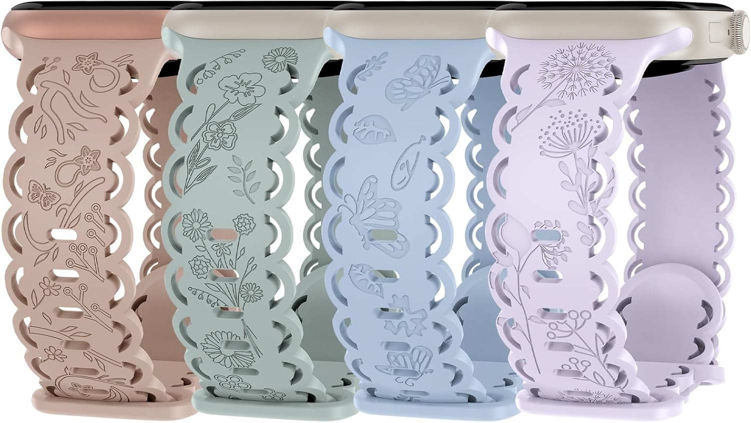 4 Pack Floral Engraved Silicone Bands Compatible with Apple Watch Band 38Mm 40Mm 41Mm 42Mm 44Mm 45Mm 49Mm Women, Soft Lace Cute Strap Flower Wristbands for Iwatch Series 9 8 7 6 5 4 3 2 1 SE Ultra