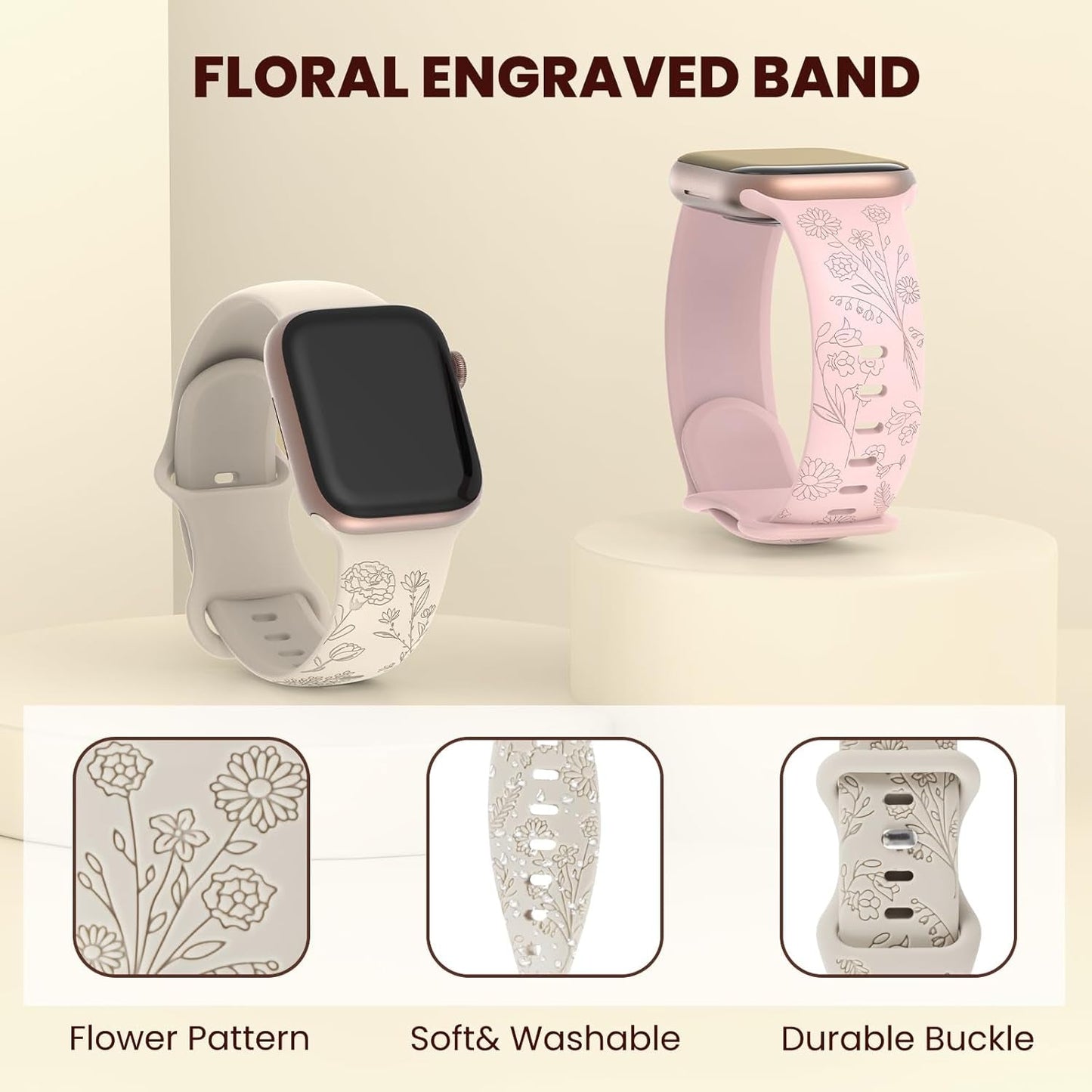 6 Pack Floral Engraved Compatible for Apple Watch Band 38Mm 40Mm 41Mm 42Mm 44Mm 45Mm 49Mm Women, Soft Silicone Cute Flower Sport Strap for Iwatch Bands Series 9 8 7 SE 6 5 4 3 2 1 Ultra