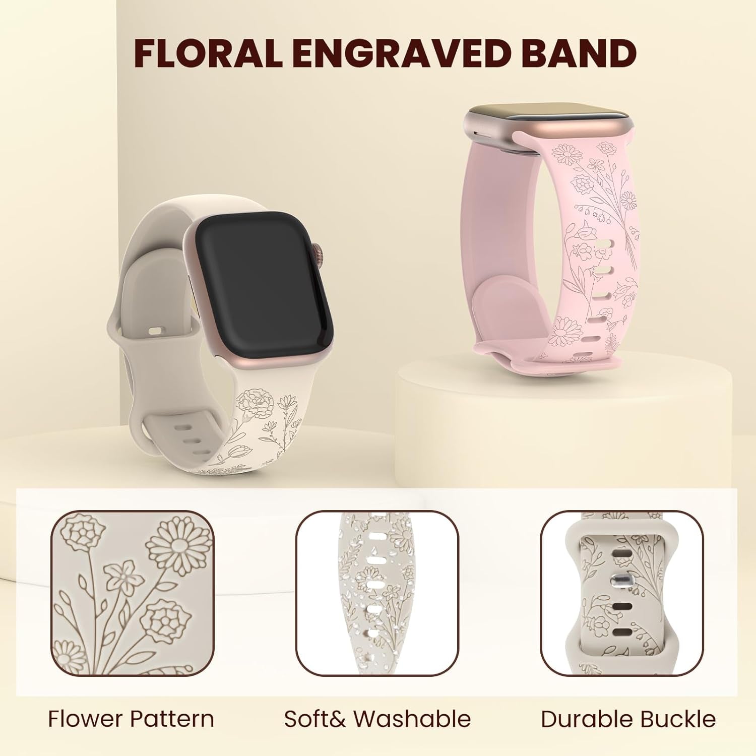 6 Pack Floral Engraved Compatible for Apple Watch Band 38Mm 40Mm 41Mm 42Mm 44Mm 45Mm 49Mm Women, Soft Silicone Cute Flower Sport Strap for Iwatch Bands Series 9 8 7 SE 6 5 4 3 2 1 Ultra