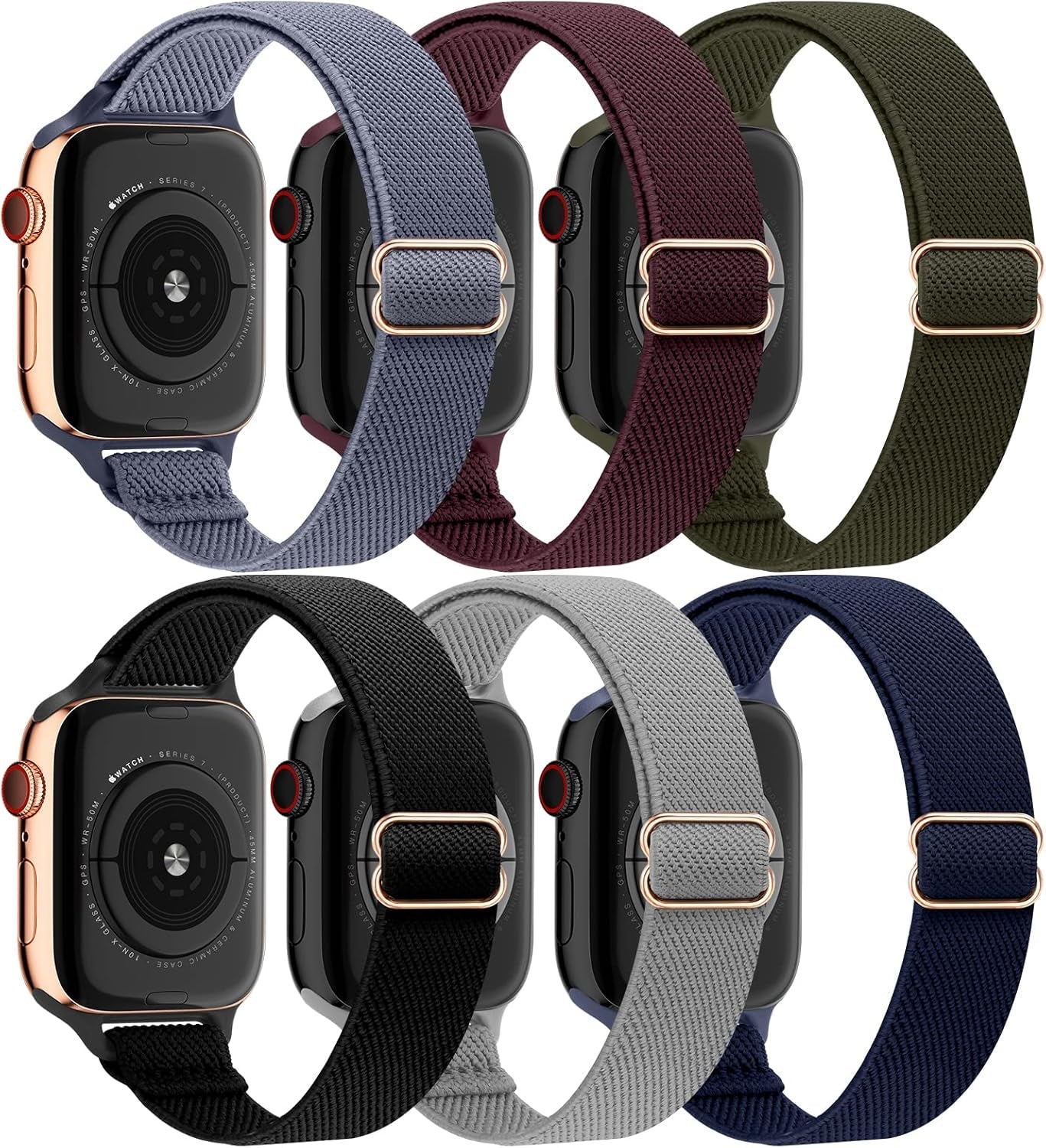 EOMTAM 6 Pack Slim Stretchy Compatible for Apple Watch Band 38Mm 40Mm 41Mm 42Mm 44Mm 45Mm Women,Lady Nylon Thin Elastics Wristbands Solo Loop Straps for Iwatch Series 8 7 6 SE 5 4 3
