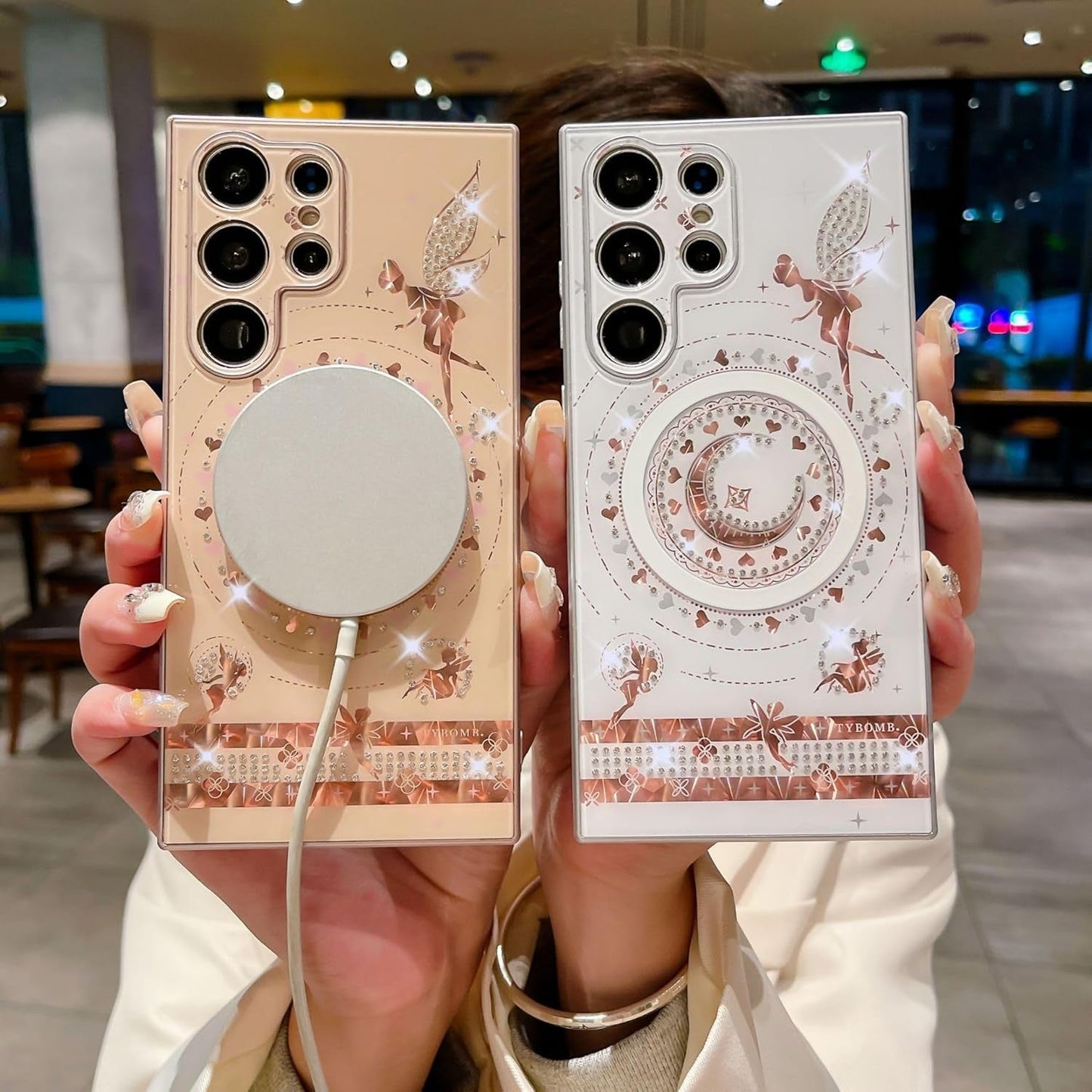 Cute Bling Magnetic Case for Galaxy S22 Ultra,Sparkle Luxury Rhinestone Heart Moon Star Angel Fairy Plating [Compatible with Magsafe] Girls Women for Samsung Galaxy S22 Ultra (Pink)