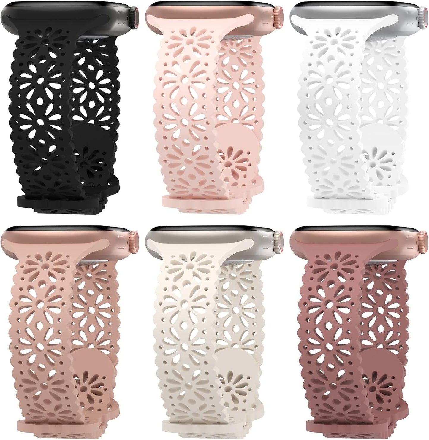6 Pack Lace Hollow-Out Silicone Bands Compatible with Apple Watch 38Mm 40Mm 41Mm 42Mm 44Mm 45Mm 49Mm, Slim Thin Sport Strap Wristbands for Iwatch Ultra/Ultra 2 SE Series 9/8/7/6/5/4/3/2/1 Women Girls