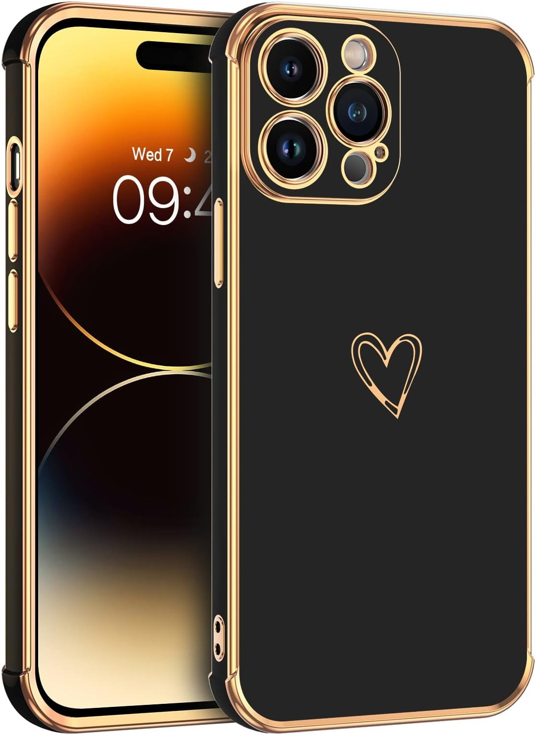 BENTOBEN Iphone 14 Pro Case, Slim Fit Cute Heart Pattern 14 Pro Phone Case, Soft Flexible Shockproof TPU Bumper Women Girls Non-Slip Lightweight Charging Protective Cover for Iphone 14 Pro 6.1", Gray  BENTOBEN T224-Black/Gold  