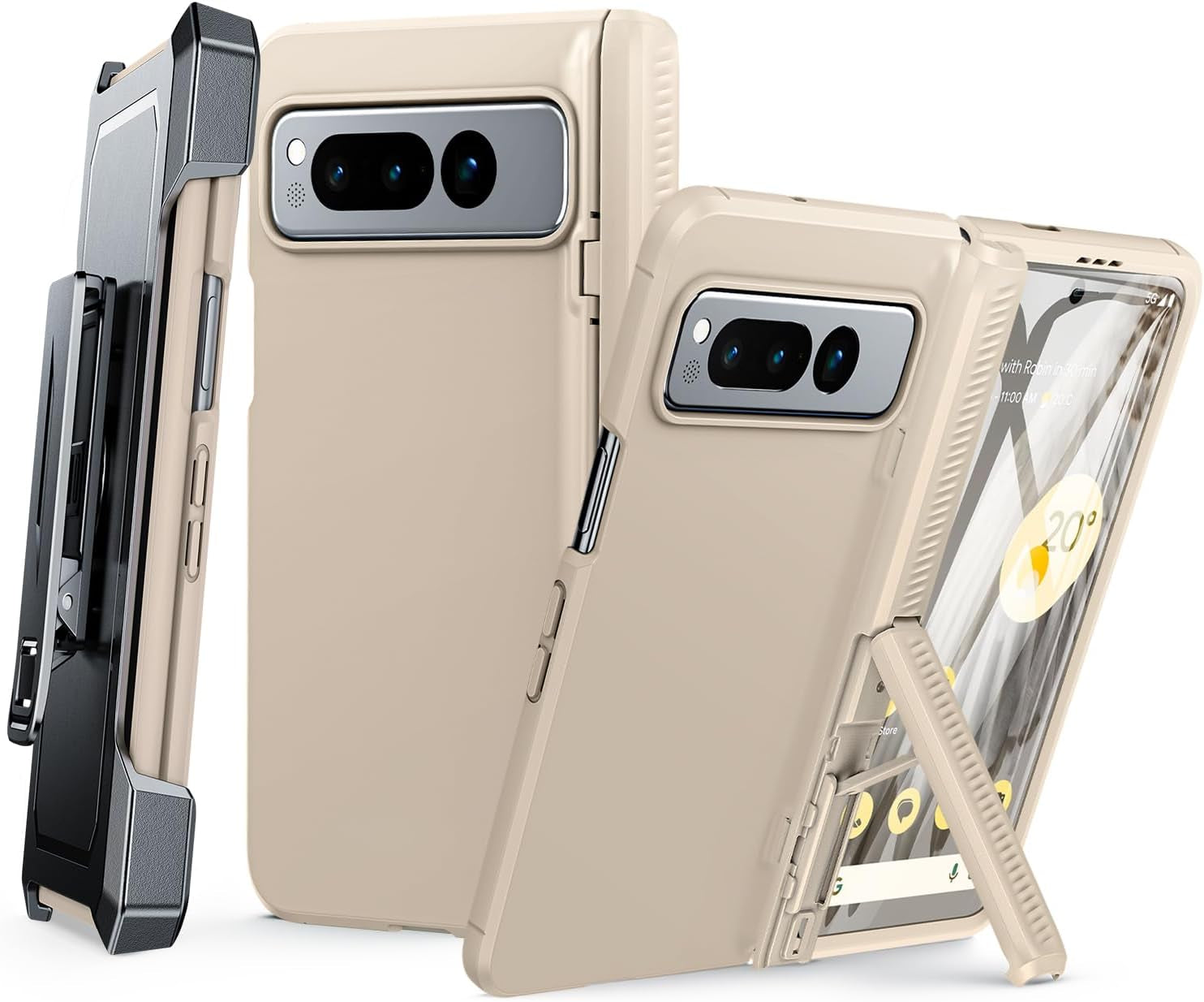 FNTCASE for Google Pixel Fold Case: Rugged Shockproof Cover with Kickstand & Holster | Drop Proof Hinge Protection Screen Protector Military Grade Tough Slim Protective 5G Phone Shell Black  FNTCASE Beige Holster 