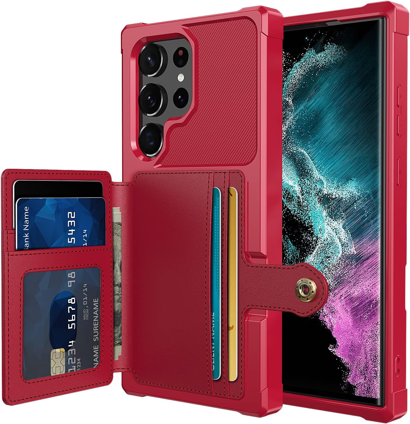 For Samsung Galaxy S22 Ultra Case with Card Holder, Compatible with Magnetic Car Mount, Heavy Duty Shockproof Rugged Soft TPU Back Leather Flip Wallet Cover 6.8 Inch, Red
