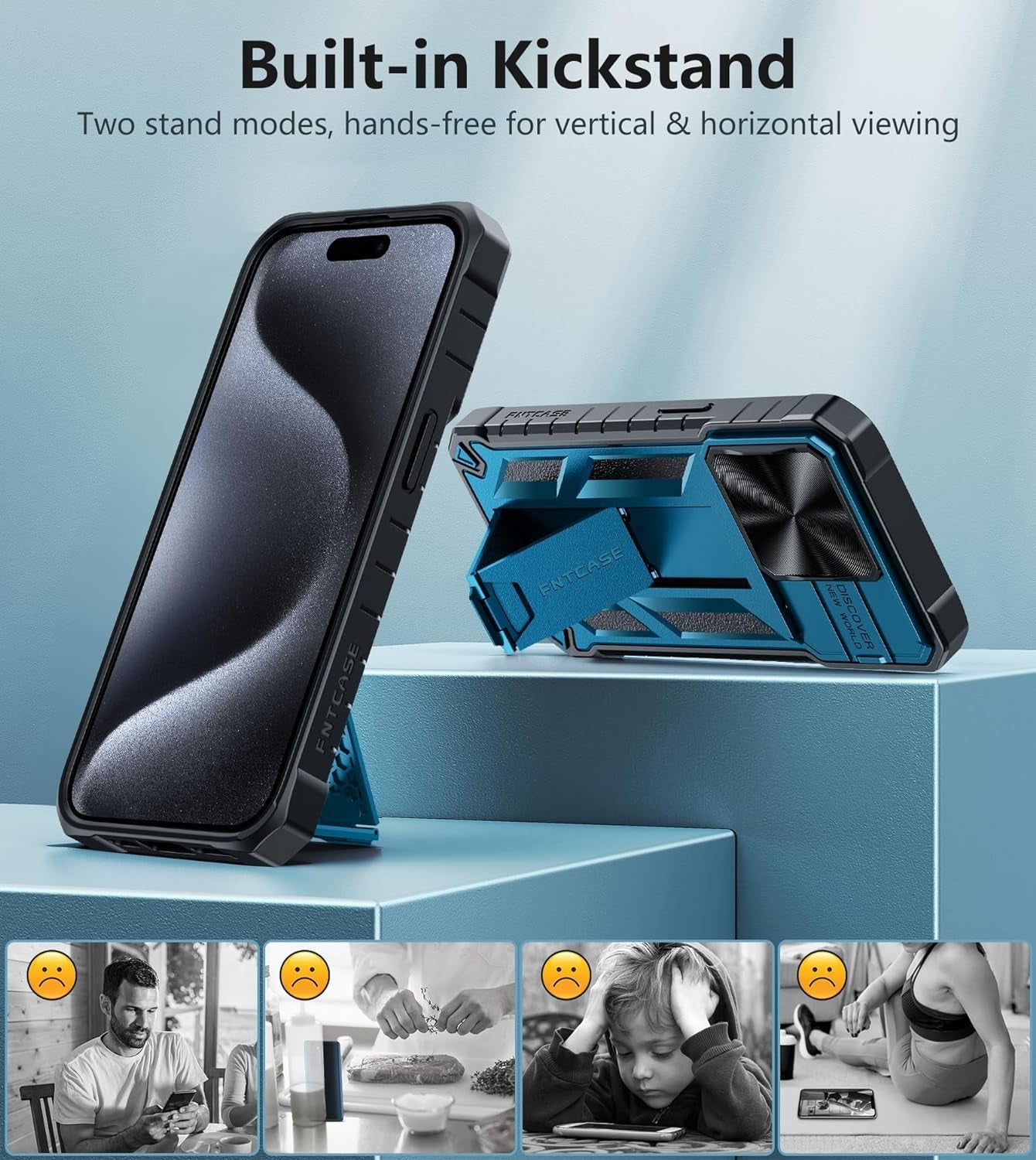 FNTCASE for Iphone 15 Pro Case: Military Grade Drop & Shock Protection Cell Phone Cover with Kickstand & Slide | Rugged Protective Bumper Textured | Heavy Duty Protector(Blue)  FNTCASE   