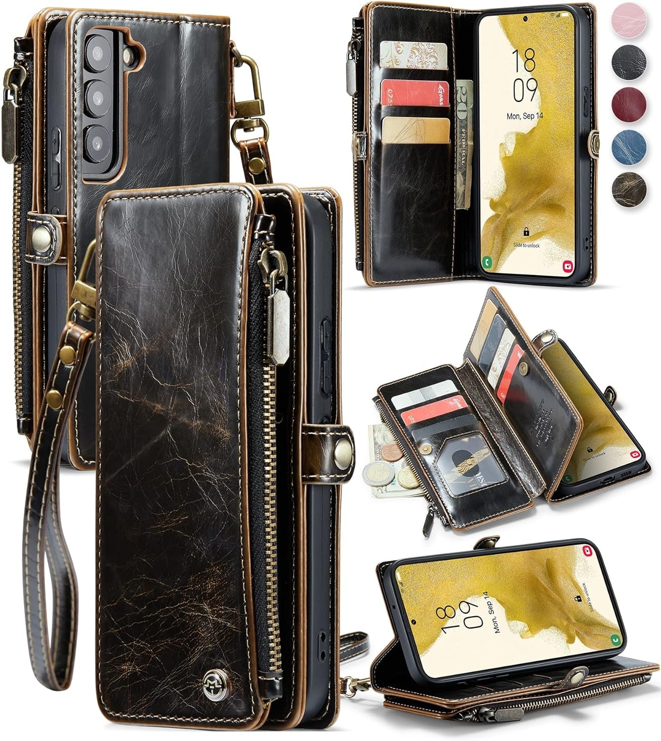 Defencase for Galaxy S22 plus Case, 【RFID Blocking】 for Samsung Galaxy S22 plus Case Wallet for Women Men with Card Holder, Zipper Strap Magnetic Flip PU Leather Phone Case for Samsung S22 Plus, Black