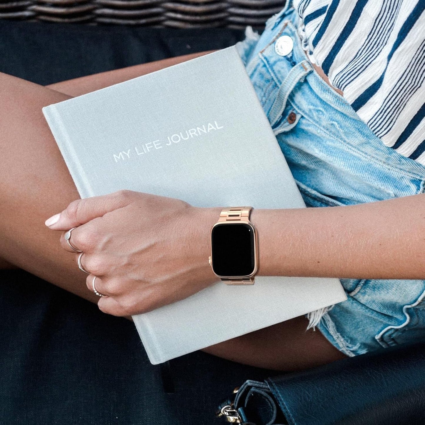 Finestone Metal Band for Apple Watch - Stainless Steel Apple Watch Band Compatible with Apple Watch 41Mm 40Mm 38Mm - Slim Hollow-Out Design Strap for Iwatch Series 9/8/7/6/5/4/3/2/1 SE Women Men Rose Gold