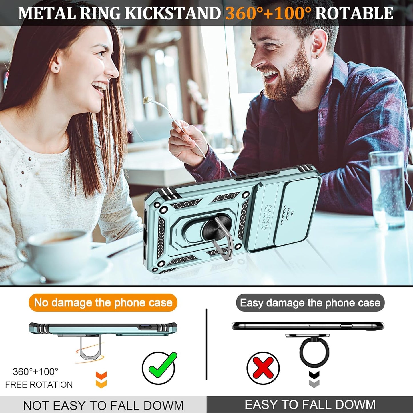 Fit for Google Pixel 8 5G Case with Screen Protector (2 Pack) & Slide Camera Cover, Build in 360° Magnetic Rotating Ring Kickstand [Military Grade] Protective Case for Pixel 8 Case, Green  Gritup   