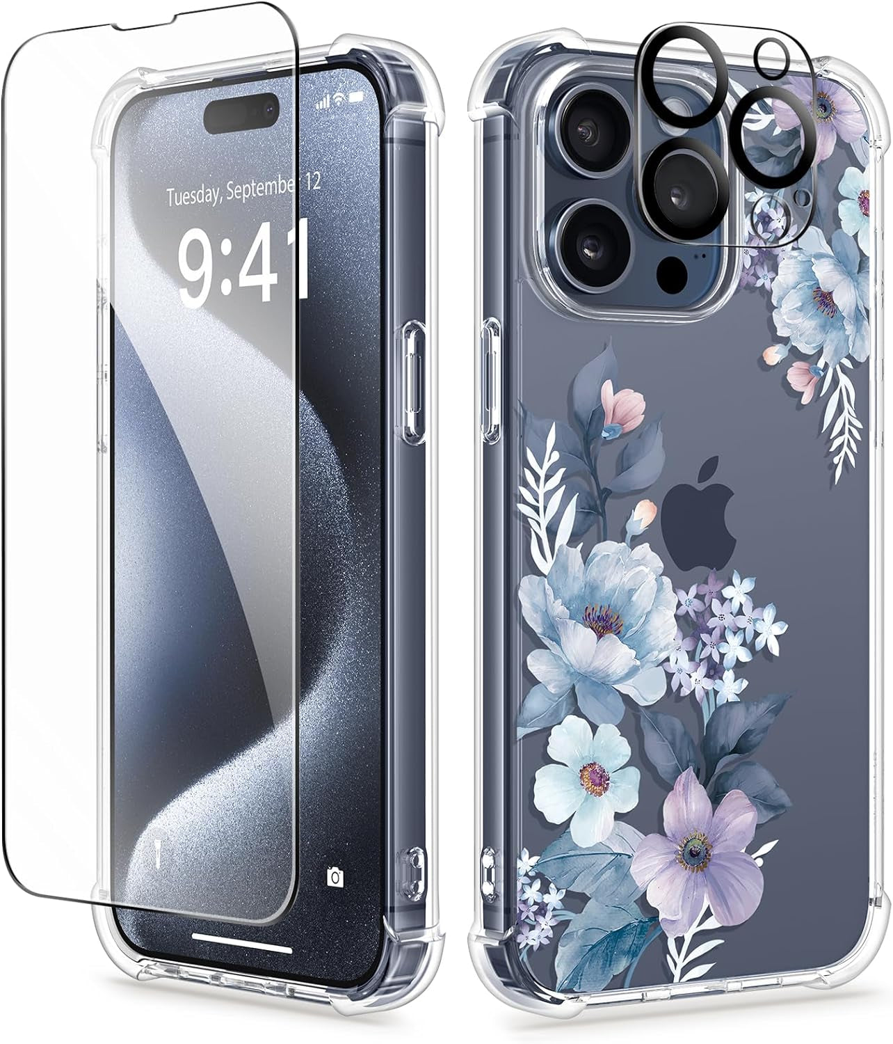 GVIEWIN for Iphone 15 Pro Case Floral, with Screen Protector+Camera Lens Protector, [Not Yellowing] Slim Shockproof Clear Phone Protective Cover for Women, Flower Pattern Design (Ranunculus/Pink)  GVIEWIN   