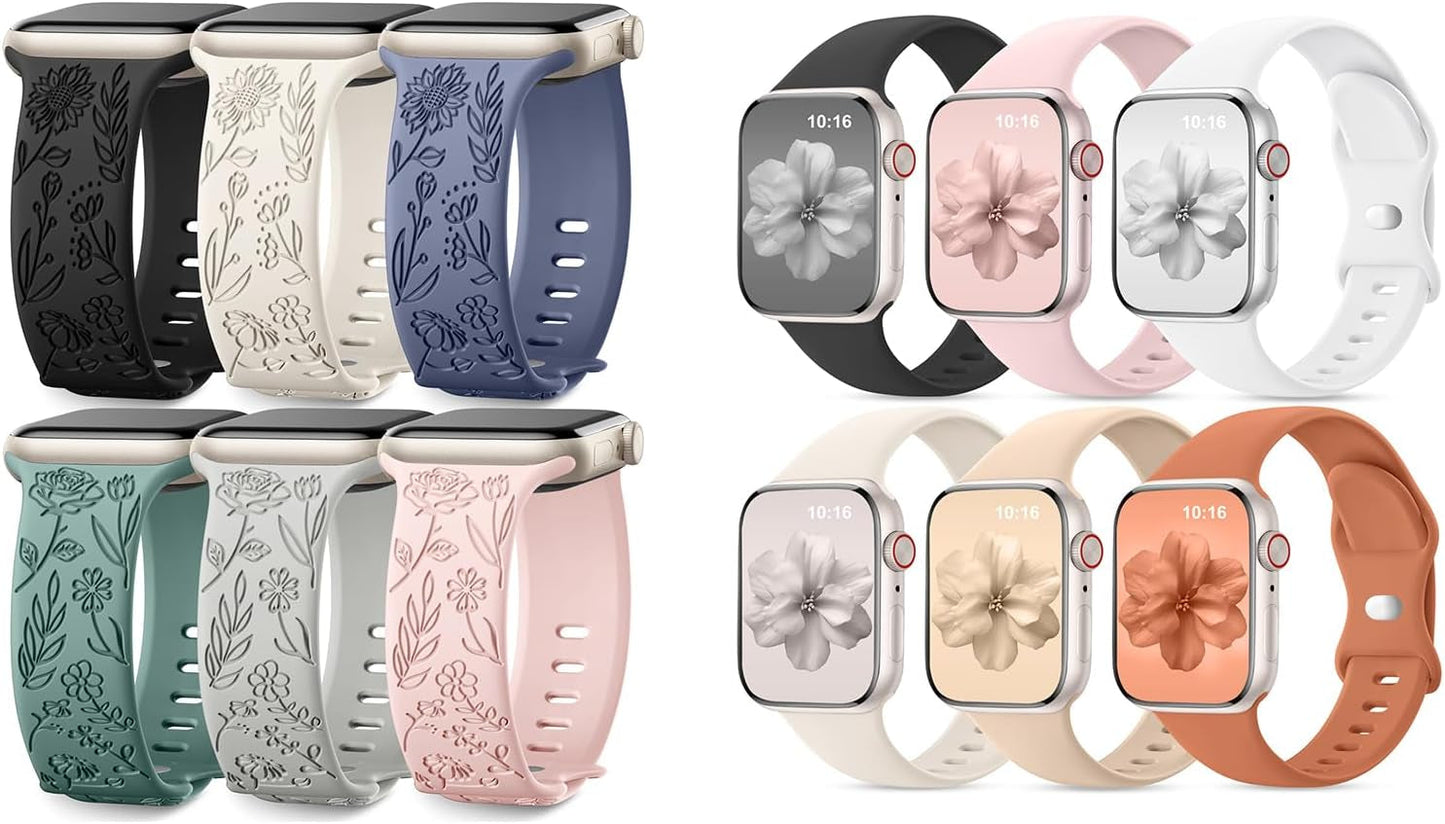 6 Pack Floral Engraved Bands & 6 Pack Sport Bands Compatible with Apple Watch Bands for Women 40Mm 41Mm 38Mm