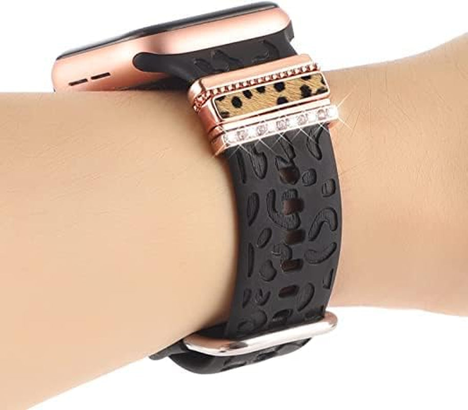 Decorative Rings Loops Compatible with Apple Watch Silicone Bands Metal Diamond Charms 45Mm 44Mm 42Mm 41Mm 40Mm 38Mm Iwatch Series 8 7 6 5 4 3 2 1 Accessories, Rose Gold Cheetah, Adjustable
