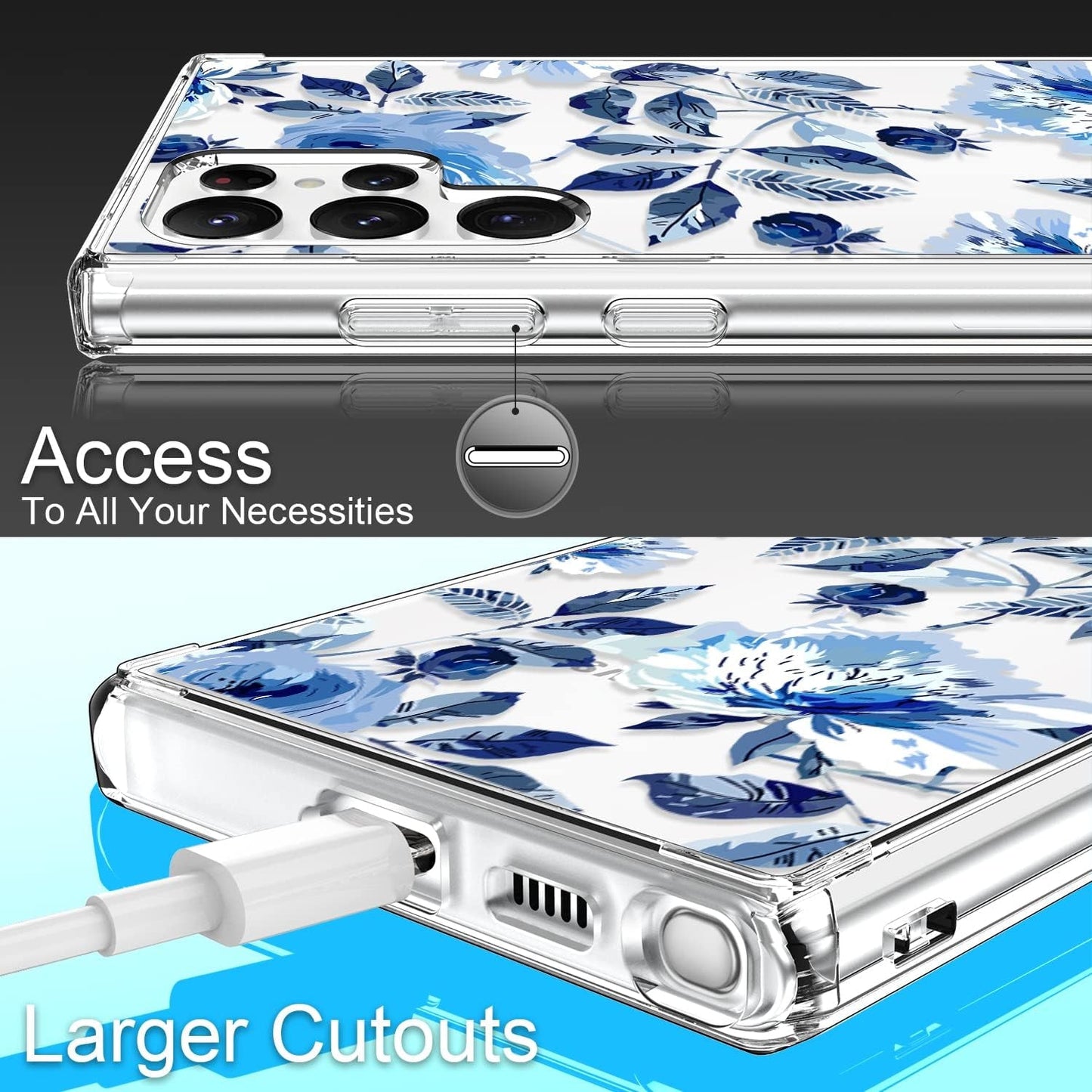 Giika for Galaxy S22 Ultra Case, Clear Girls Women Heavy Duty Shockproof Protective Hard Phone Cover Case for Samsung Galaxy S22 Ultra, Blue Flowers