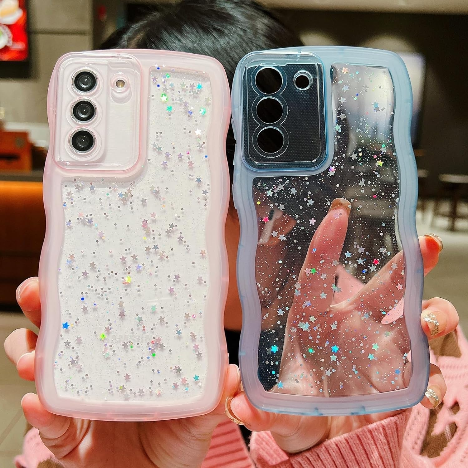 Compatible with Samsung Galaxy S22 plus Case,Transparent Matte Curly Wave Frame Bling Shiny Cases,Cute Glitter Clear Shockproof Protective Bumper Phone Cover for Women Girls (Blue)