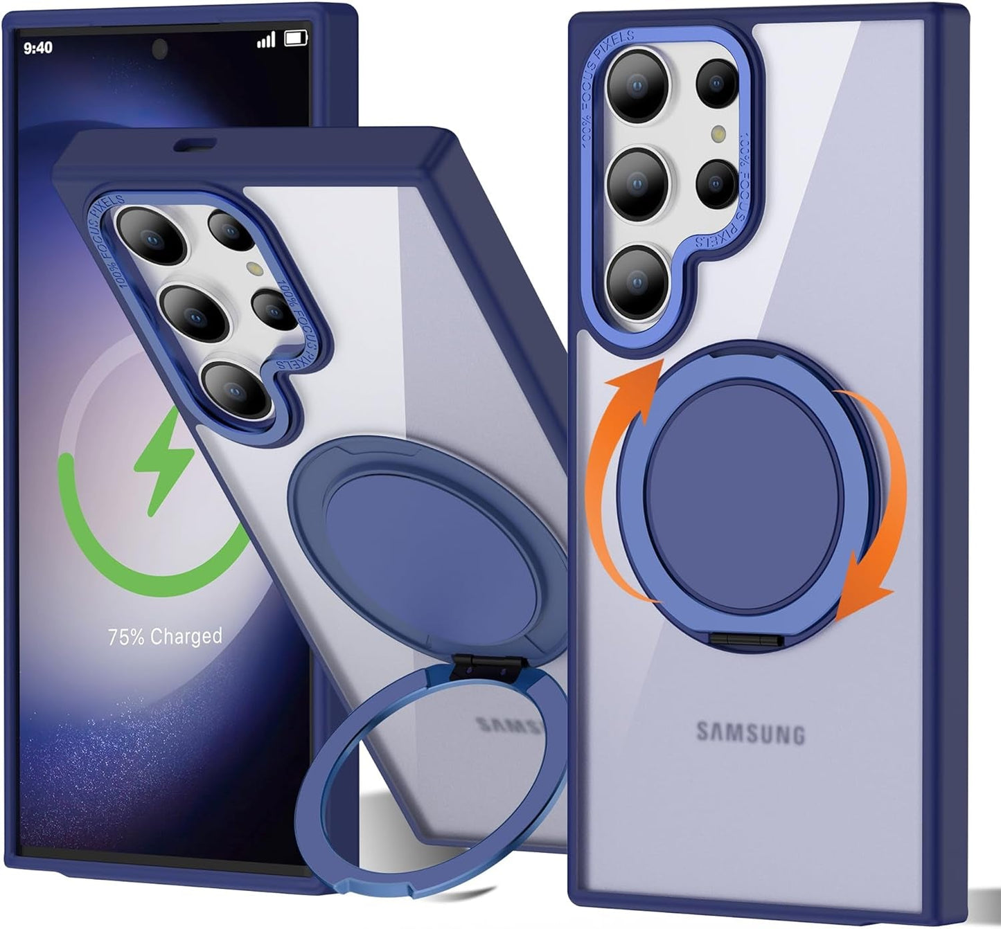 For Samsung Galaxy S24 plus Case with 360° Rotatable Magnetic Ring Stand [Compatible Magsafe] [Military Grade Tested] Translucent Matte Galaxy S24 plus Phone Case for Women Men 6.7'', Blue