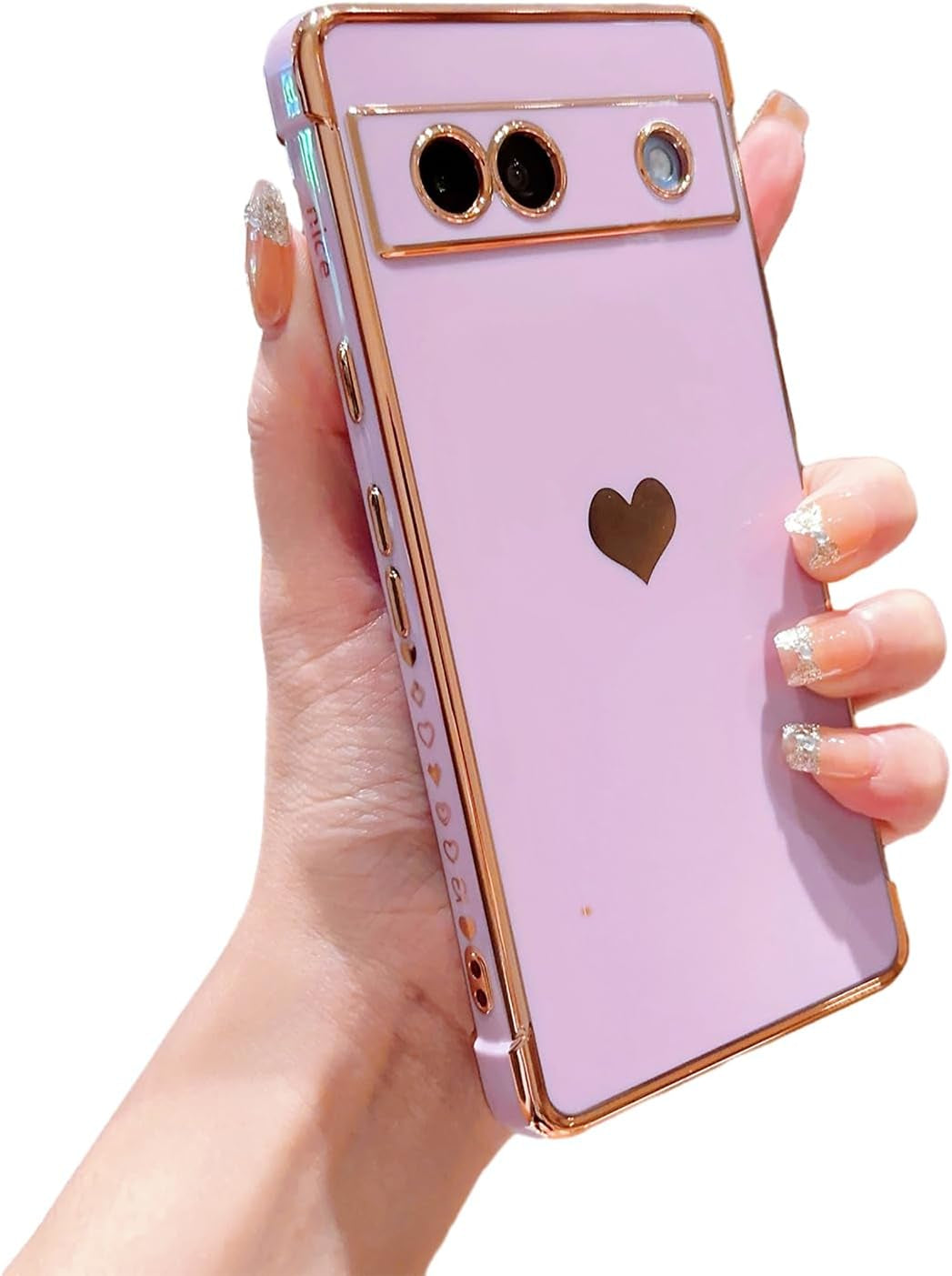 Phylla Compatible with Google Pixel 7A 6.1” 5G Phone Case Luxury Plating Cute Love Heart Side Small Pattern Case Full Camera Protection Soft Silicone Shockproof Bumper Cover (Blue)  PHYLLA Purple  