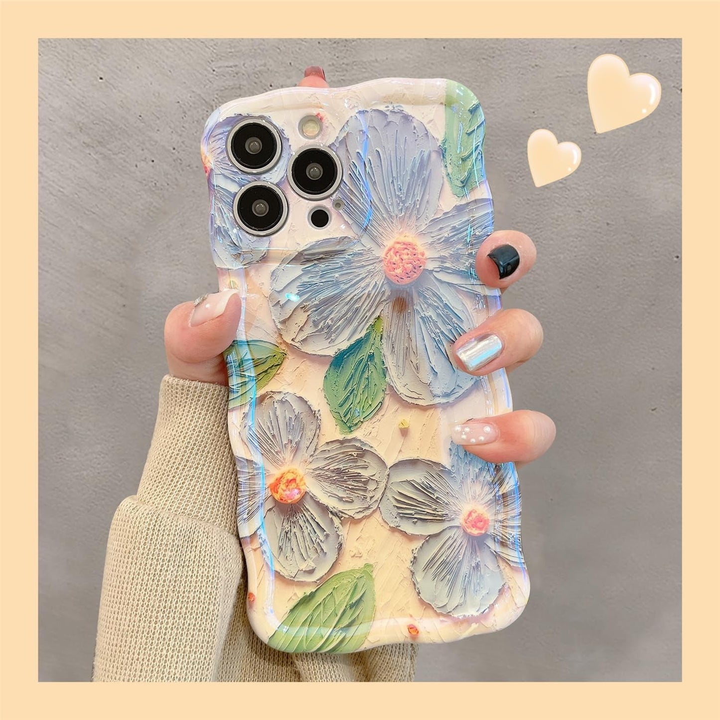 EYZUTAK Case for Iphone 14 Pro, Colorful Retro Oil Painting Flower Leaf Laser Glossy Pattern Cute Curly Wave Edge Exquisite Phone Cover Stylish Durable TPU Protective Case for Girls Women - Blue Green  EYZUTAK   