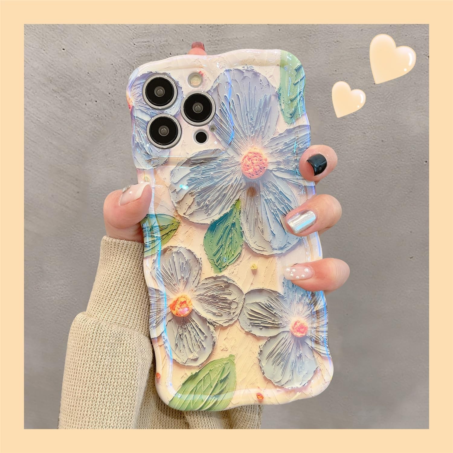 EYZUTAK Case for Iphone 14 Pro, Colorful Retro Oil Painting Flower Leaf Laser Glossy Pattern Cute Curly Wave Edge Exquisite Phone Cover Stylish Durable TPU Protective Case for Girls Women - Blue Green  EYZUTAK   