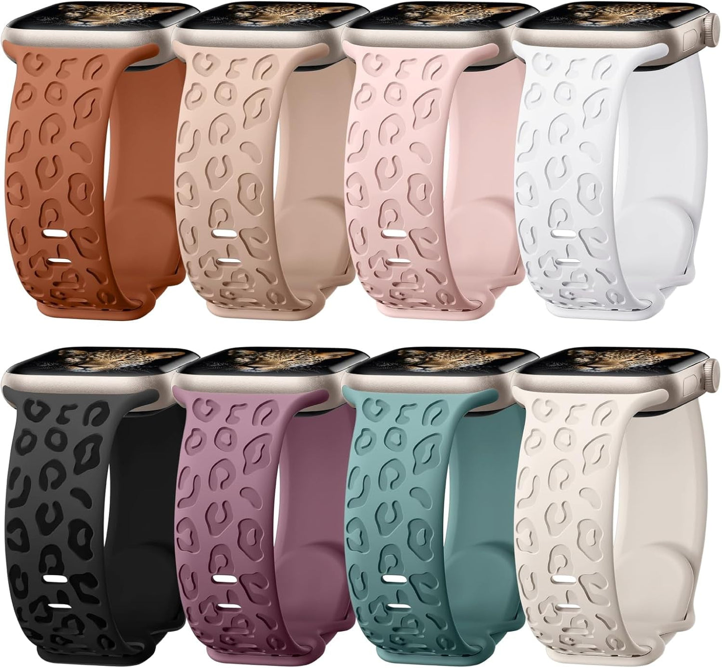 8 Pack Leopard Engraved Bands Compatible for Apple Watch Band 41Mm 40Mm 38Mm 49Mm 45Mm 44Mm 42Mm Women, Cheetah Soft Silicone Sport Wristband Strap for Iwatch Series 9 8 7 6 5 4 3 2 1 Ultra Ultra 2 SE
